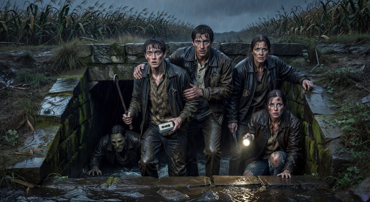 Cinematic PG-13 horror-thriller scene at night in heavy rain: three terrified young adults and a fierce middle-aged woman emerging from a cramped stone drainage tunnel beneath an old rural service bridge. Drake, pale and mud-smeared, clutches an iron poker and a cassette tape, fighting claustrophobic panic. Shane, soaked in a damp letterman jacket, reaches back for Drake with urgent tenderness and protective body language. Aunt Lila grips a flashlight and kitchen knife, exhausted but defiant. Kara Bell crouches alive near the culvert mouth, dirty and injured but hopeful. Behind them in the dark tunnel, a burlap-masked figure crawls forward, ominous but not graphic. Mood is tense, intimate, rain-silvered, blue-gray predawn light, wet stone, rushing creek water, cornfields in the background, emotional focus on trust and survival.