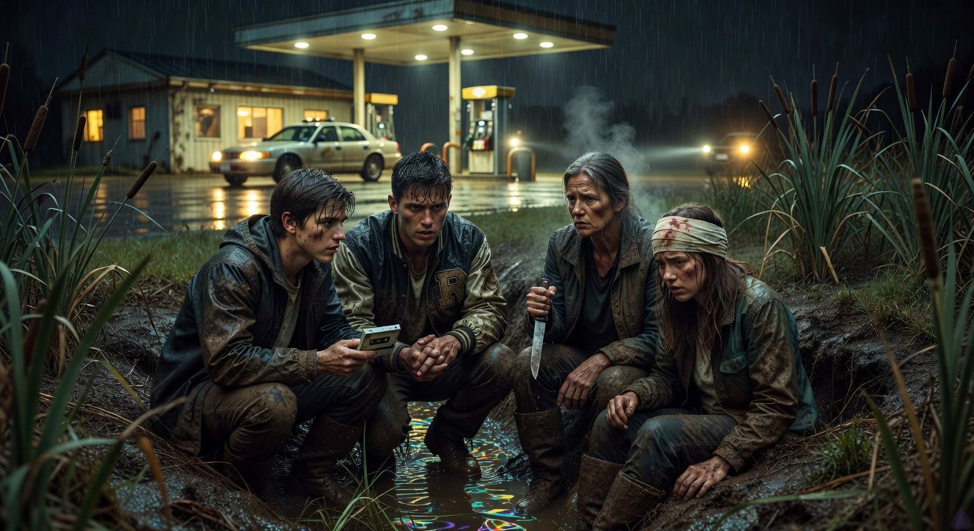 Cinematic thriller scene at night in heavy rain behind a rural gas station on Route 9. Four muddy survivors crouch in a drainage ditch beneath cattails and oily runoff: Drake, an eighteen-year-old young man gripping a cassette under his jacket; Shane, a soaked high school athlete in a mud-darkened letterman jacket holding Drake’s hand with fearful determination; Aunt Lila, a rugged middle-aged woman clutching a kitchen knife protectively beside an injured teenage girl, Kara Bell, with a makeshift head bandage. In the background, a sheriff cruiser idles near gas pumps under harsh sodium lights, flashlight beams cutting through rain. Mood tense, intimate, desperate, with body language showing trust, protection, and fear. No graphic violence, PG-13 suspense, cinematic realism, stormy blue and yellow lighting.