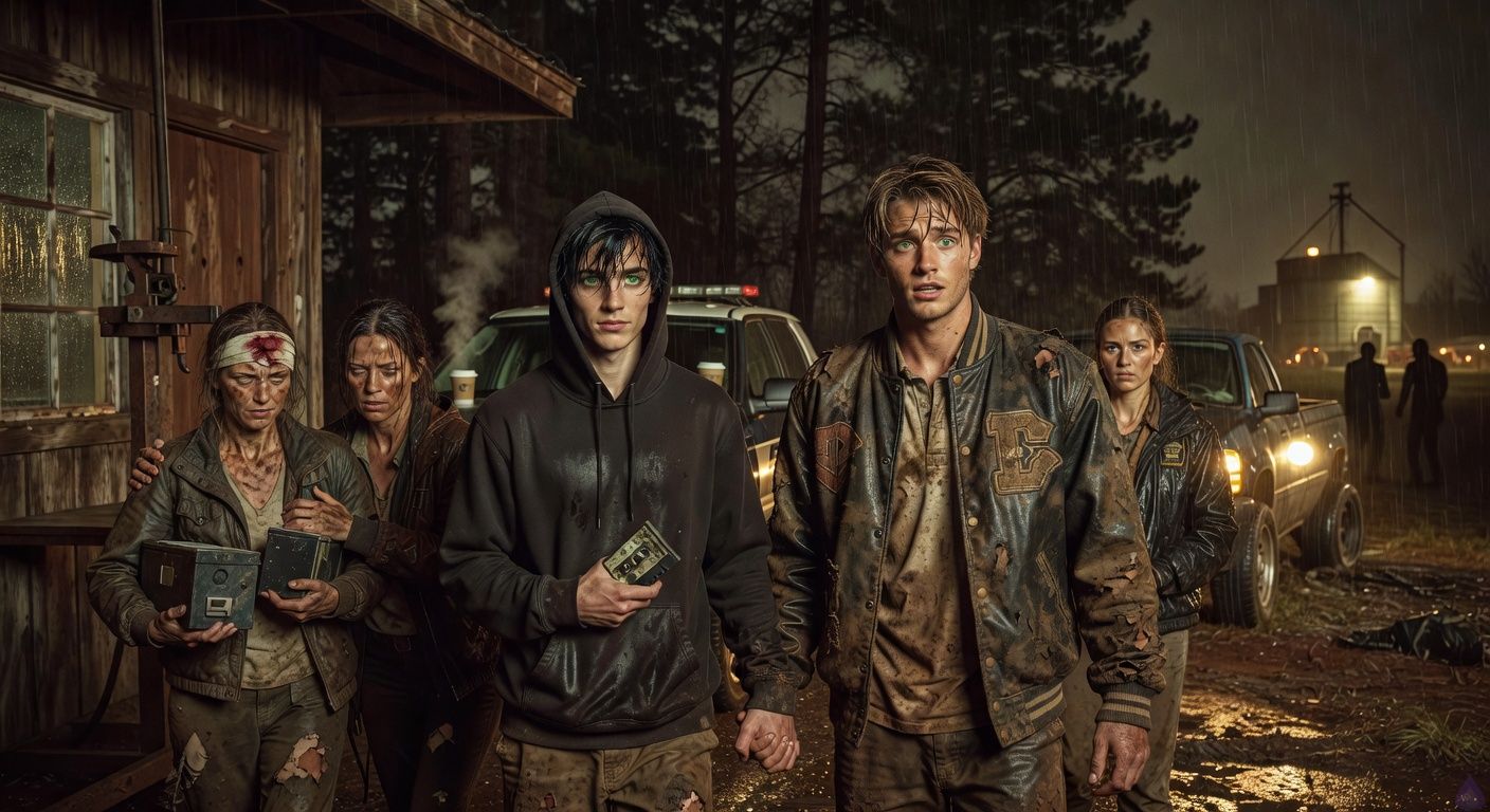 Cinematic thriller scene in heavy rain at night beneath dark pine trees beside an abandoned rural weigh station. Four muddy survivors retreat toward a hidden state police SUV: Drake Caine, an eighteen-year-old grief-stricken young man clutching a cassette under his jacket, holds hands with Shane Riley, a soaked athletic teen in a mud-stained letterman jacket, both terrified but deeply connected. Aunt Lila, muddy and fierce, clutches a black lockbox while protecting injured Kara Bell, who is pale, exhausted, and alive with a bandaged bleeding forehead. Trooper Vance stands armed and protective near the SUV, rain streaming down her state police jacket. In the background, a crashed pickup with one blown tire sits under harsh headlights, and shadowy figures approach through rain near a grain elevator. Mood tense, intimate, desperate, high contrast lighting, rain glistening on faces, tasteful emotional closeness, no graphic violence.