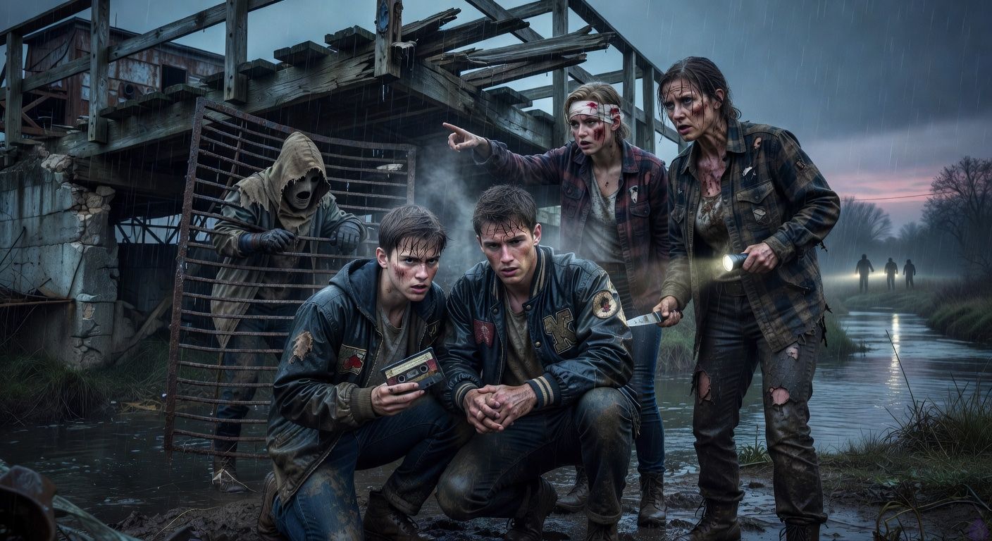 Cinematic stormy thriller scene at a rural creek before dawn: four muddy, rain-soaked teenagers and an older woman crouched beneath a broken wooden service bridge near abandoned mill ruins. Drake, an eighteen-year-old with a tense determined expression, clutches an old cassette inside his jacket while holding hands with Shane, a soaked high school athlete in a dark letterman jacket, their body language intimate and protective amid fear. Aunt Lila stands nearby with a flashlight and kitchen knife, fierce and muddy. Kara Bell, injured with short uneven hair and a bandaged forehead, points urgently toward the bridge supports. Behind them a bent metal grate holds back a masked man in burlap, while distant headlights and silhouettes approach through rain. Moody blue-gray lighting, wet textures, suspenseful atmosphere, PG-13, cinematic realism, emotional intensity, tasteful romantic tension through handholding and protective closeness.