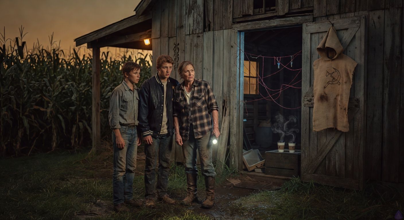 Cinematic rural thriller scene at night beside an old weathered barn and dense cornfields. An eighteen-year-old boy in travel-worn clothes stands tense beside a frightened but determined popular jock in a damp letterman jacket, their shoulders almost touching with restrained emotional intimacy and wary trust. A tough middle-aged aunt in work-worn rural clothes holds a flashlight and kitchen knife protectively. Inside the barn, a cold blue phone glow illuminates a red twine, a blue key tag, and a burlap hood hanging on a nail with a sinister stitched sickle-and-creek symbol. Moody porch light, wet grass, looming corn rows, suspenseful atmosphere, tasteful cinematic framing, PG-13, no gore.