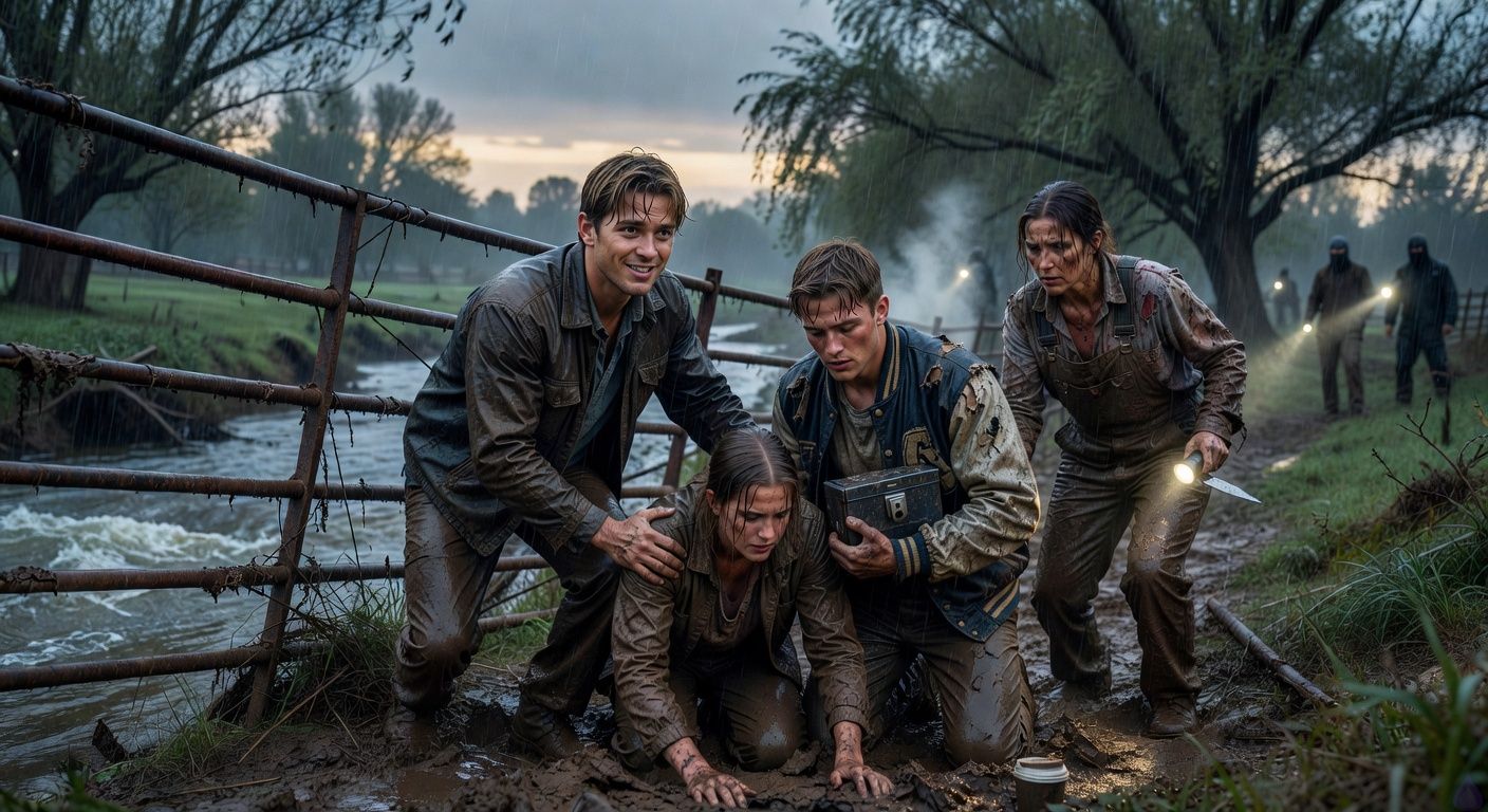 Cinematic PG-13 thriller scene in heavy predawn rain: four muddy fugitives crouch and crawl beneath a collapsed rusted cattle fence beside a swollen creek. Drake, an eighteen-year-old with a haunted determined expression, reaches back to help injured Kara Bell through the mud while keeping close to Shane Riley, a soaked high school athlete in a ruined letterman jacket clutching a black lockbox. Aunt Lila, muddy and fierce in work clothes, guards them with a flashlight and kitchen knife. In the background, willow trees thrash, flashlight beams cut through rain, and distant burlap-hooded figures stand on the creek bank. Moody blue-gray lighting, high tension, intimate protective body language, rain-slick textures, cinematic composition, no gore.
