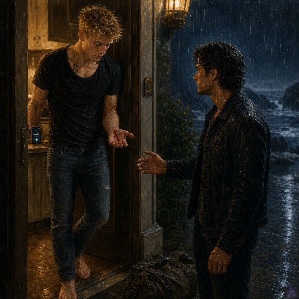 A cinematic PG-13 scene at night on the side porch of an elegant coastal mansion in heavy rain. Blake Rhodes, a fair-skinned young man with short messy blond hair, blue-gray eyes, athletic build, wearing designer jeans and an old white T-shirt with a small dragon tattoo near his collarbone visible, stands barefoot in the open doorway, shaken and pale, one hand bleeding slightly from gripping a sharp brass doorframe. Jacob stands just outside in the rain, olive tan skin, lean wiry build, damp black-brown grown-out waves near his brow, deep hazel eyes with green flecks, faint healed scar along his temple, dark denim jacket over a faded gray henley, black jeans, worn boots, weather-beaten canvas duffel dropped at his feet. Jacob reaches toward Blake but stops before crossing the threshold, his face full of pain and restraint. Warm porch light contrasts with cold blue rain and the dark sea-cliff atmosphere beyond. Mood: emotional shock, grief, impossible reunion, romantic tension, restrained longing.