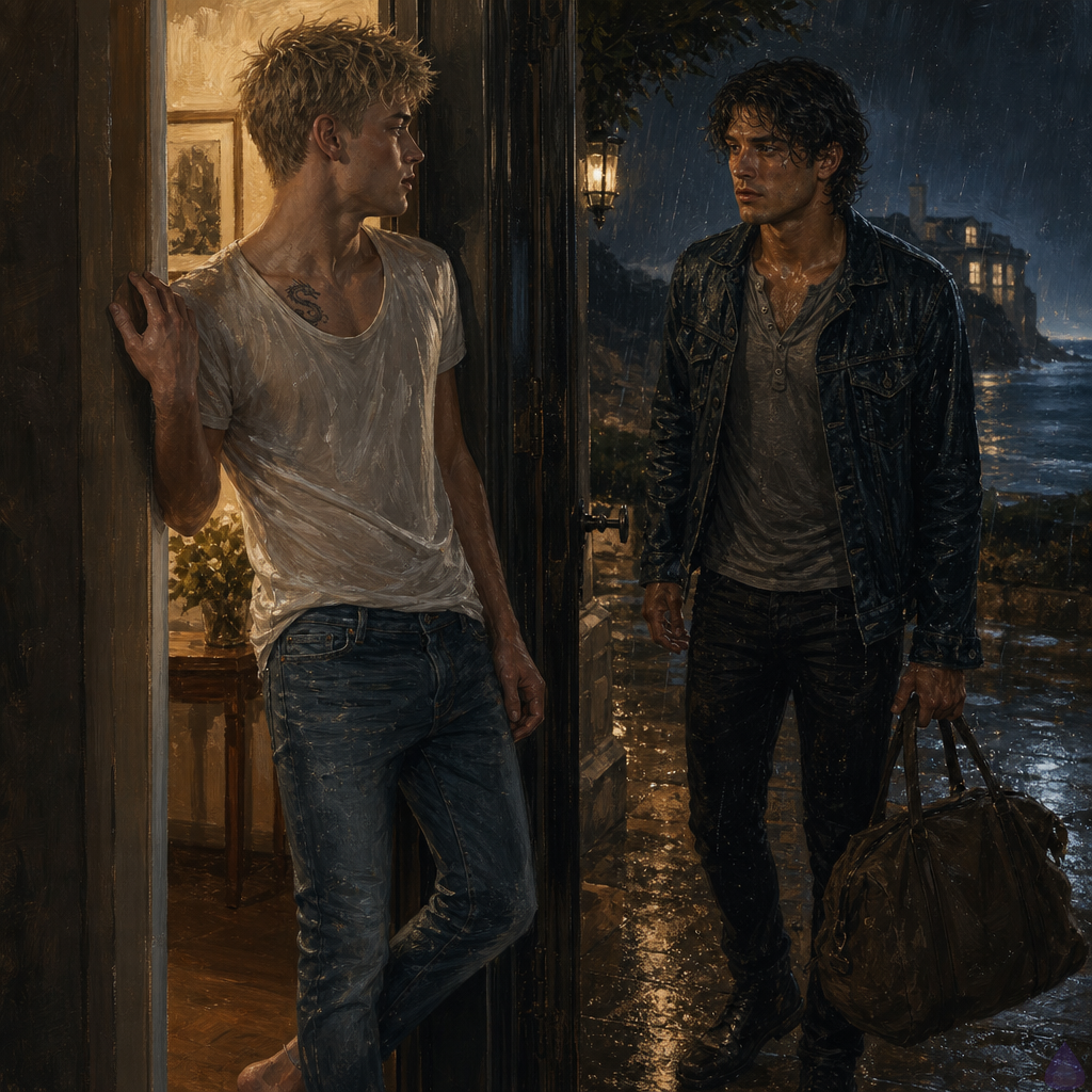 A cinematic rainy nighttime scene at the side entrance of an elegant coastal mansion. Blake Rhodes, a fair-skinned young man with short messy spiky blond hair, blue-gray eyes, athletic but not overly muscular build, barefoot in designer jeans and an old white T-shirt, stands frozen in a warm-lit doorway with one hand gripping the frame near his collarbone. Outside under the porch light stands Jacob, masculine mid-to-late 20s, olive tan weathered skin, lean wiry build, black-brown grown-out wavy hair damp from rain, deep hazel eyes with green flecks, faint healed scar along his temple, slightly stiff left shoulder, roughened knuckles, wearing a soaked dark denim jacket over a faded gray henley, black jeans, worn leather boots, holding a weather-beaten canvas duffel. Rain falls around him, wet stone glistens, sea mist in the background, emotional shock and longing on both faces, tense threshold between them, PG-13 romantic drama mood, soft golden porch light against cold blue rain, realistic style.