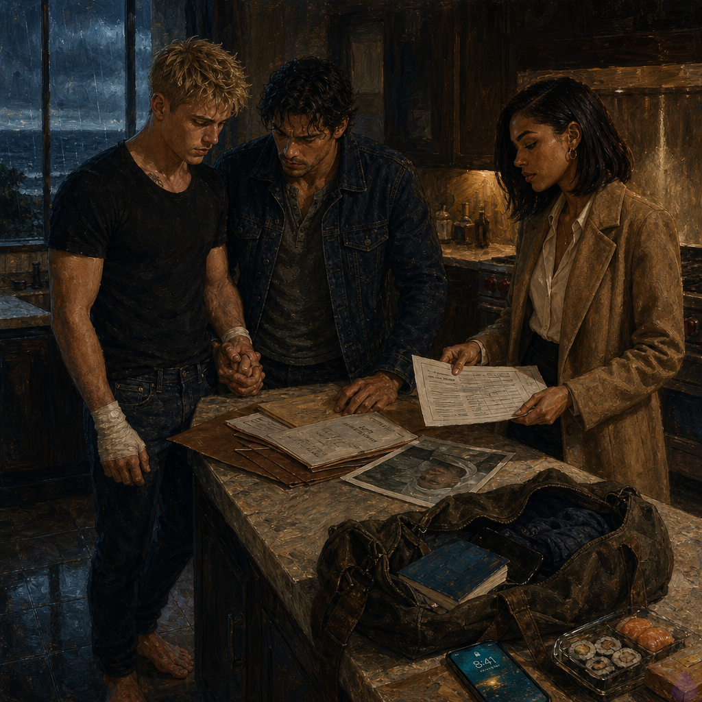 A cinematic PG-13 emotional scene in a luxurious coastal mansion kitchen at night during a rainstorm. Blake Rhodes, a fair-skinned young man with short messy spiky blond hair, blue-gray eyes, athletic build, white T-shirt and designer jeans, stands barefoot at a marble kitchen island with a fresh white bandage around one palm. He grips Jacob’s fingers tightly while staring at documents spread across the counter. Jacob, masculine mid-to-late 20s with olive tan weathered skin, black-brown damp grown-out waves, deep hazel eyes with green flecks, lean wiry build, faint healed temple scar, dark denim jacket over faded gray henley, black jeans, worn boots, stands close beside him, soaked from rain and tense with emotion. Amelia Danvers, warm honey-brown skin, sleek dark auburn blunt bob, dark brown eyes, cream silk blouse, black trousers, camel coat, kneels or stands at the island organizing papers with fierce focus. On the marble counter are an open weather-beaten canvas duffel, scattered medical records, a clinic photograph of Jacob alive in a hospital bed, an untouched plate of sushi, and a phone glowing with missed calls. Mood is intimate, tense, rain-streaked windows in the background, cool blue storm light mixed with warm kitchen lighting, expressions of shock, grief, proof, and fragile reunion.