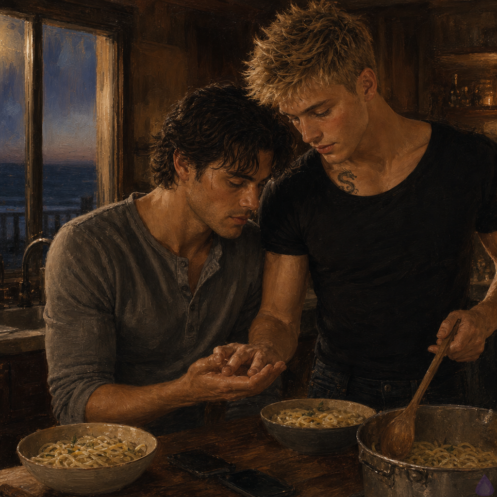 A romantic, atmospheric PG-13 scene in a small cedar vacation house kitchen at blue winter dusk. Two young men sit close at a scratched wooden table after cooking dinner together. Blake Rhodes, fair-skinned with short messy spiky blond hair, blue-gray eyes, athletic build, wearing a soft sweater with a small dragon tattoo partly visible near his collarbone, sits with an emotional but lightly teasing expression. Jacob, olive-tan with weathered warmth, lean wiry build, black-brown grown-out wavy hair near his brow and curling at the nape, deep hazel eyes with green flecks, faint healed scar along his temple, wearing a faded gray henley, sits beside him. Their knees nearly touch under the table, and their hands are intertwined on the tabletop beside mismatched pasta bowls, a box of chocolate cereal, and two dark turned-off phones. The kitchen is warmly lit, slightly messy, with steam-fogged windows, garlic and butter cooking atmosphere, and the dark ocean visible through glass beyond the deck. Mood: tender, intimate, fragile peace before crisis, cinematic realism, soft blue-gray sea light mixed with warm kitchen light.