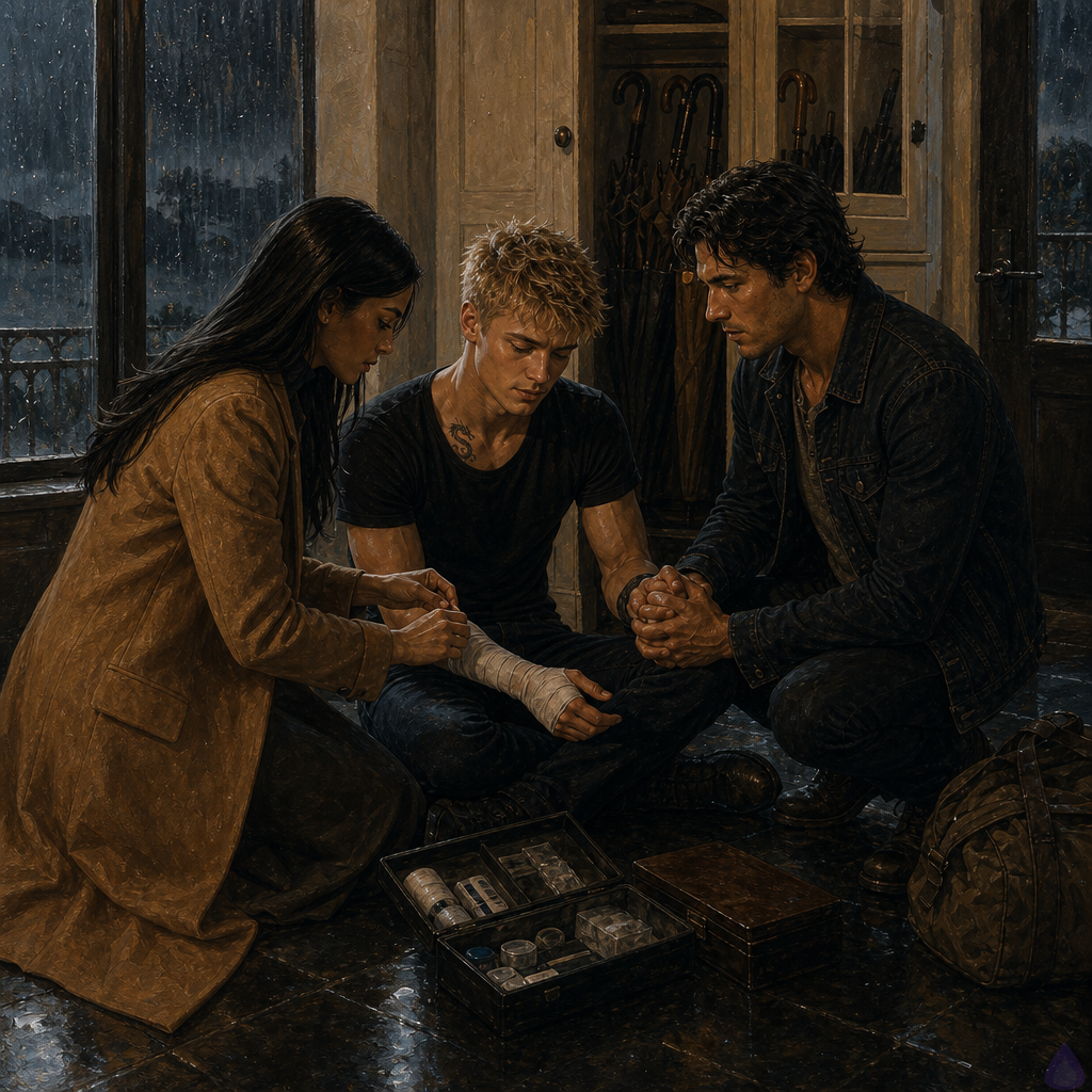 A cinematic PG-13 emotional scene in a luxurious coastal mansion mudroom during a rainstorm. Blake Rhodes, a fair-skinned young man with short messy spiky blond hair, blue-gray eyes, athletic build, wearing designer jeans and a damp white T-shirt, sits on slate tile with a newly bandaged palm. Jacob, a lean wiry olive-tan man in his mid-to-late 20s with black-brown damp loose waves, deep hazel eyes with green flecks, faint scar along his temple, dark denim jacket over a faded gray henley, kneels close beside Blake, supporting his wrist and staying protectively but respectfully beside him. Amelia Danvers, warm honey-brown skin, sleek dark auburn shoulder-length blunt cut, precise eyeliner, cream silk blouse under a camel coat, kneels in front of Blake with an open first aid kit, focused and fiercely protective. The white oak cabinets, slate floor, monogrammed umbrellas, and rain-streaked windows show wealth and tension. A weather-beaten canvas duffel sits near the closed side door with rainwater around it. Mood: intimate, tense, grief-struck, tender. Lighting: warm mudroom overhead light mixed with cold blue rain through glass, cinematic shadows, realistic romance drama atmosphere.