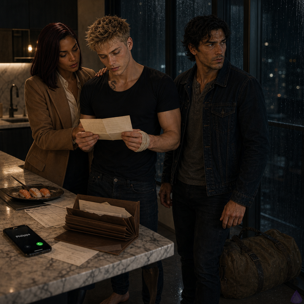 A cinematic PG-13 emotional kitchen scene at night during a rainstorm. Blake Rhodes, a fair-skinned young blond man with short messy spiky hair, blue-gray eyes, athletic but not overly muscular build, wearing an old white T-shirt and designer jeans, stands barefoot at a marble kitchen island holding a handwritten letter with a bandaged palm. Beside him stands Jacob, a masculine olive-tan man in his mid-to-late 20s with black-brown grown-out damp waves, deep hazel eyes with green flecks, lean wiry build, faint healed scar along his temple, dark denim jacket over a faded gray henley, looking devastated and vulnerable. Amelia Danvers, warm honey-brown skin, dark auburn sleek blunt bob, camel coat over cream blouse, stands close at Blake’s other side with one supportive hand near his back. The marble island is covered with medical records, a brown accordion folder, an old envelope, untouched salmon nigiri, and a phone glowing with the name Philippa. Rain streaks the dark windows, cold blue-gray light mixes with warm kitchen lighting, mood intimate, tense, grief-struck, romantic undercurrent, realistic modern luxury home, no explicit content.