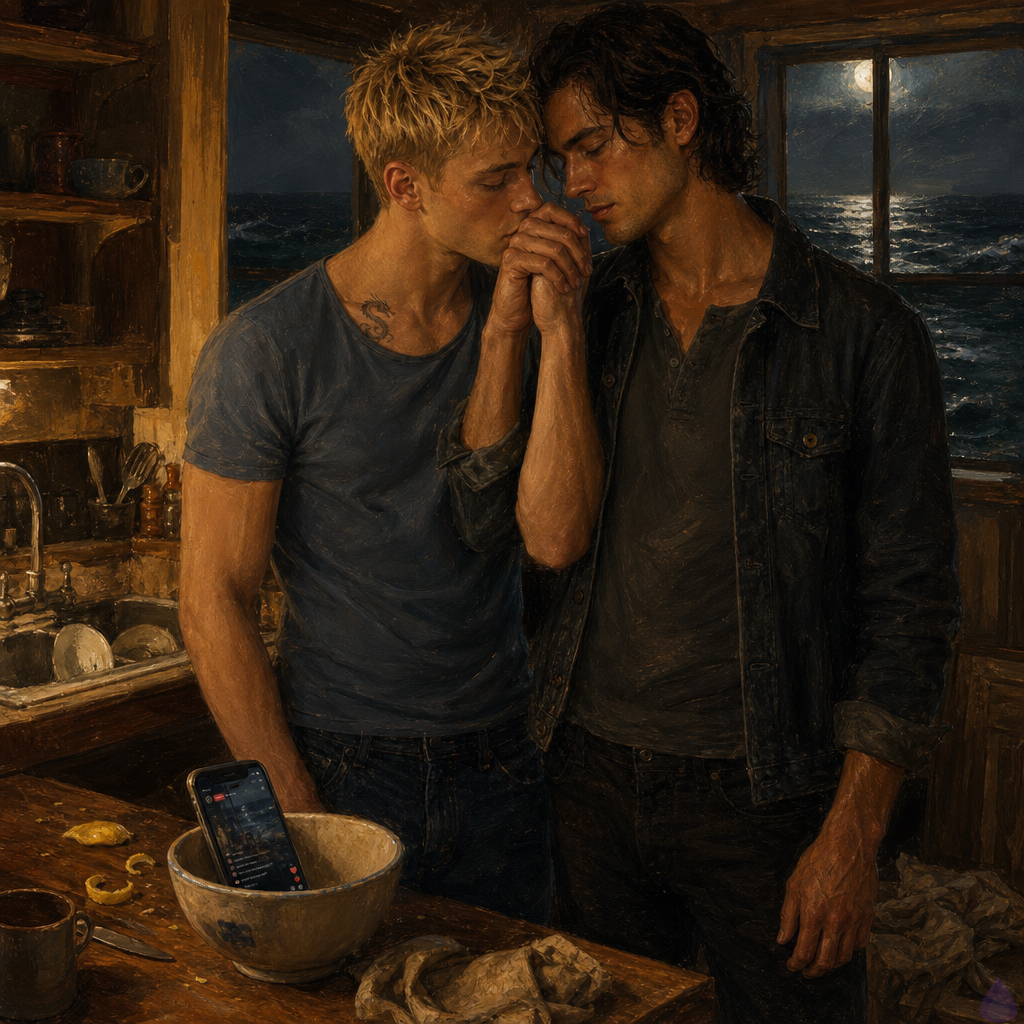A cinematic PG-13 scene inside a small cedar vacation house kitchen at night, warm yellow light over a messy wooden table with lemon rind, dinner plates, and a phone propped against a chipped ceramic bowl livestreaming. Blake Rhodes, a fair-skinned young blond man with short messy spiky hair, blue-gray eyes, athletic build, wearing a soft blue shirt, stands close beside Jacob. Jacob is a lean olive-tan man in his mid-to-late 20s with black-brown grown-out wavy hair, deep hazel eyes with green flecks, faint healed scar along his temple, wearing a faded gray henley. They hold hands visibly in front of the phone, tense but united. The dark winter ocean is visible through windows behind them, waves silver in moonlight. Mood: intimate, defiant, emotional, public truth breaking through private fear.