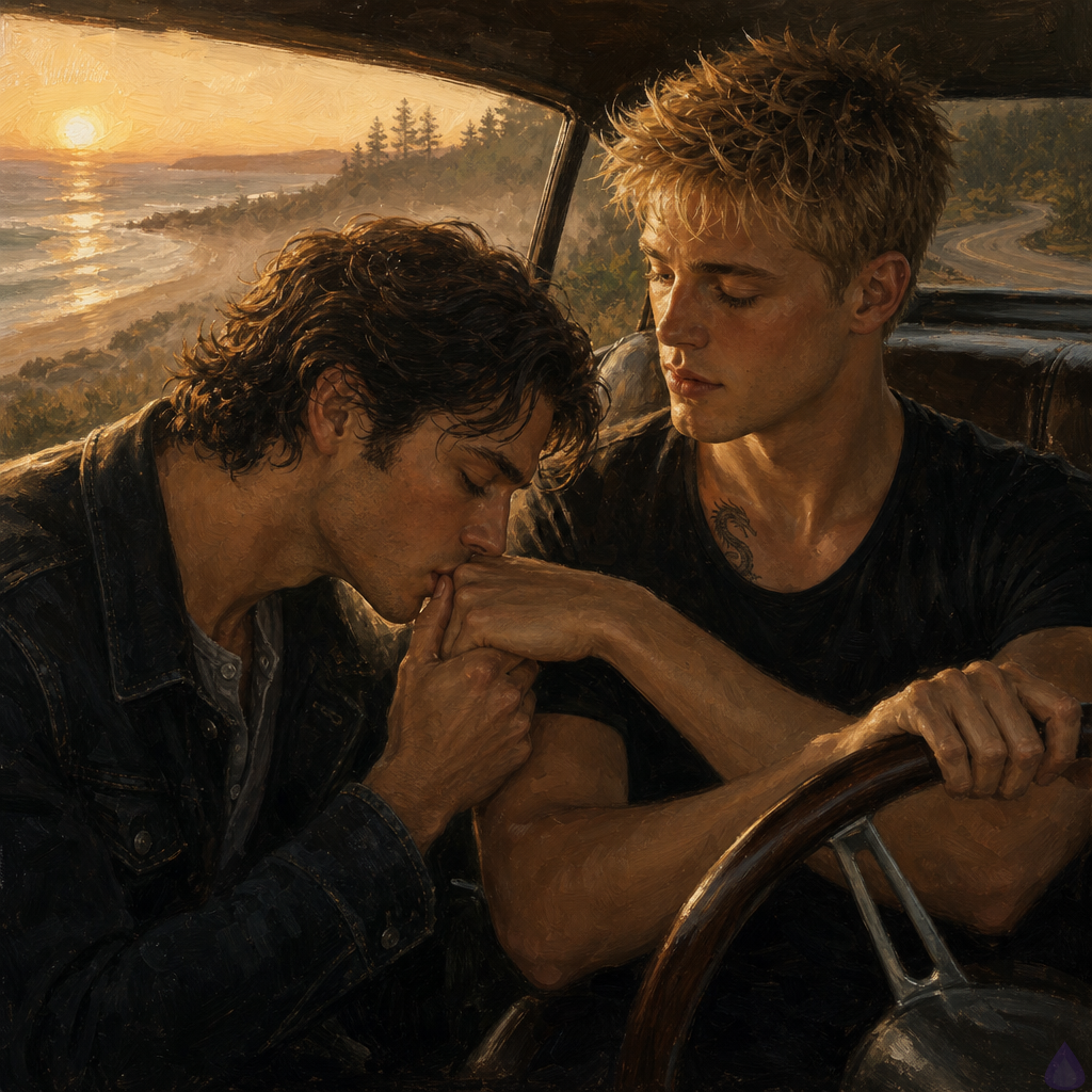 A cinematic PG-13 romantic scene inside a parked car at a quiet coastal overlook at sunrise. Two young men sit close in the front seats, holding hands over the center console. Blake Rhodes is a fair-skinned young man with short messy blond hair, blue-gray eyes, athletic build, wearing designer jeans and a soft blue T-shirt with a small dragon tattoo visible near his collarbone. Jacob is a masculine man in his mid-to-late 20s with olive tan weathered skin, lean wiry build, black-brown medium grown-out waves curling near his brow and nape, deep hazel eyes with green flecks, a faint healed scar along his temple, wearing a dark denim jacket over a faded gray henley. Jacob is kissing Blake’s knuckles gently while Blake looks at him with exhausted relief and tenderness. The car is parked above a crescent beach, ocean waves and pale sand visible through the windshield, golden sunrise spilling across the dashboard and their faces. Mood: intimate, healing, quiet hope after trauma, soft sea mist, warm sunlight, emotional closeness, no explicit content.