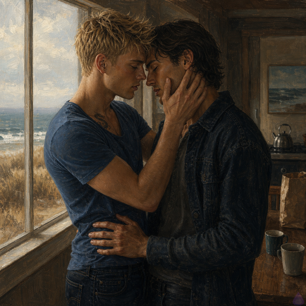 PG-13 romantic scene inside a quiet coastal vacation home in winter afternoon light. Two young men stand close by a large window overlooking a gray-blue ocean and windblown dune grass. Blake Rhodes is a fair-skinned blond young man with short messy slightly spiky hair, blue-gray eyes, athletic but not overly muscular build, wearing designer jeans and a soft blue T-shirt with a small dragon tattoo visible near his collarbone. Jacob is an olive-tan, lean wiry man in his mid-to-late 20s with black-brown grown-out wavy hair, deep hazel eyes with green flecks, a faint healed scar along his temple, slightly stiff left shoulder, wearing dark jeans and a faded gray henley. Blake’s hand gently cups Jacob’s cheek, and Jacob leans into the touch with closed eyes, emotional relief and longing on his face. The room is warm and simple, with a scratched wooden table, two mugs, a paper bag from a local market, cedar walls, soft natural light, and a kettle on the kitchen counter. Mood is intimate, healing, tender, atmospheric, with restrained romantic tension and a sense of safety after hardship.