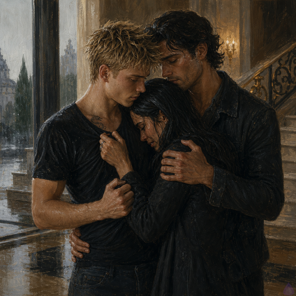 A cinematic PG-13 emotional scene in the grand foyer of a wealthy coastal mansion on a gray rainy morning. Blake Rhodes, a fair-skinned young blond man with short messy spiky hair, blue-gray eyes, athletic build, barefoot in a white T-shirt and designer jeans with a bandaged palm, pulls Celeste and Jacob into a shared embrace. Jacob, olive-tan, lean and wiry, mid-to-late 20s, black-brown grown-out waves, hazel eyes with green flecks, faint scar on his temple, wearing a borrowed black T-shirt and dark jeans, looks overwhelmed and tearful as he carefully holds them. Celeste, tall and willowy with tawny beige skin, long glossy inky black hair, green-gray eyes, black turtleneck, charcoal skirt, knee-high boots, oversized dark coat and silver rings, cries against Jacob. Philippa Rhodes stands nearby in ivory cashmere and dove-gray coat with pearls, pale and shaken, while Amelia Danvers watches protectively in a camel coat. Marble foyer, rain-streaked glass doors, soft gray morning light, wet footprints on polished floor, atmosphere of grief, reunion, tenderness, and fragile safety.