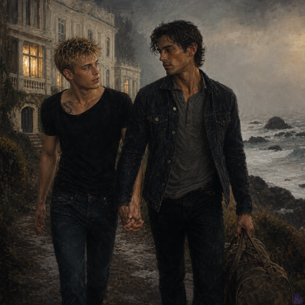 PG-13 cinematic romance scene on a misty private cliff path leading down to a gray beach below a grand coastal mansion. Blake Rhodes, young fair-skinned blond man with short messy spiky hair, blue-gray eyes, athletic build, wearing a white T-shirt, designer jeans, loafers without socks, and a bandage on one palm, holds hands with Jacob, a lean wiry olive-tan man in his mid-to-late 20s with black-brown grown-out wavy hair, deep hazel eyes with green flecks, faint healed scar along his temple, slightly stiff left shoulder, borrowed black T-shirt, black jeans, and worn leather boots. They are sneaking away together, half breathless and emotionally charged, looking at each other with fear, relief, and reckless tenderness. Behind them is a pale elegant mansion with rain-dark windows, in front of them a misty beach with dark rocks and soft waves. Moody gray morning light, sea mist, wet stone, intimate body language, hands clasped firmly, romantic tension and healing atmosphere.