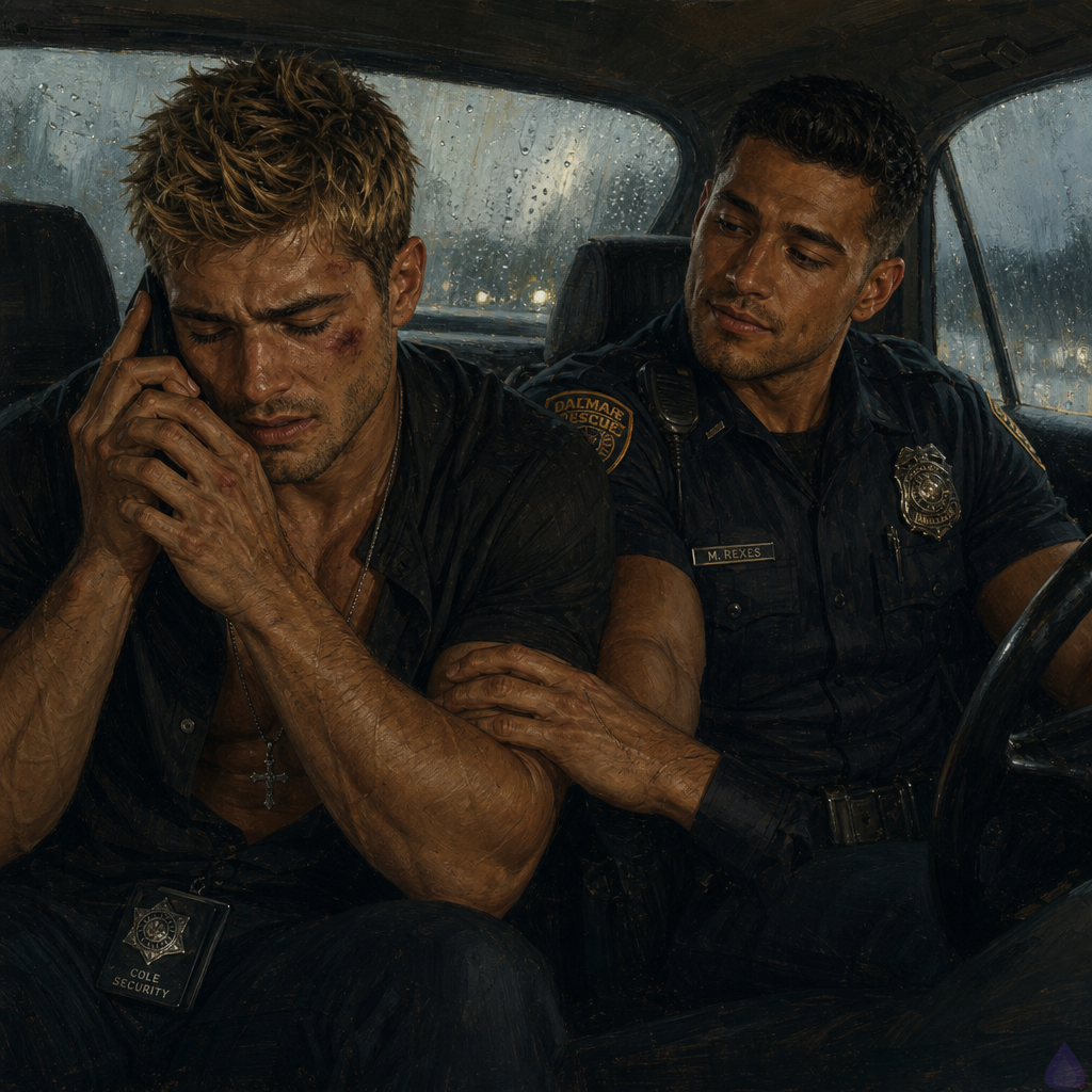 PG-13 cinematic scene inside a parked car at rainy dawn. Dwayne Cole, masculine adult with olive skin, lean muscular build, messy dirty blond faux hawk, emerald green eyes, bruised and bandaged, wearing rumpled dark clothes with a black security badge partly visible, sits in the passenger seat looking exhausted and vulnerable while holding Officer Mateo Reyes's phone with a shaking hand. Officer Mateo Reyes, masculine mid-twenties with warm sienna brown skin, dark brown eyes, short black hair with close-cropped sides and textured top, athletic build, neatly trimmed stubble, small left cheek dimple, wearing a forest-green henley and brown leather jacket, sits in the driver’s seat turned toward him with patient concern. Rain streaks the windshield, gray dawn light fills the car, dashboard glow illuminates their hands, and the mood is intimate, tense, hopeful, and grounded in recovery.