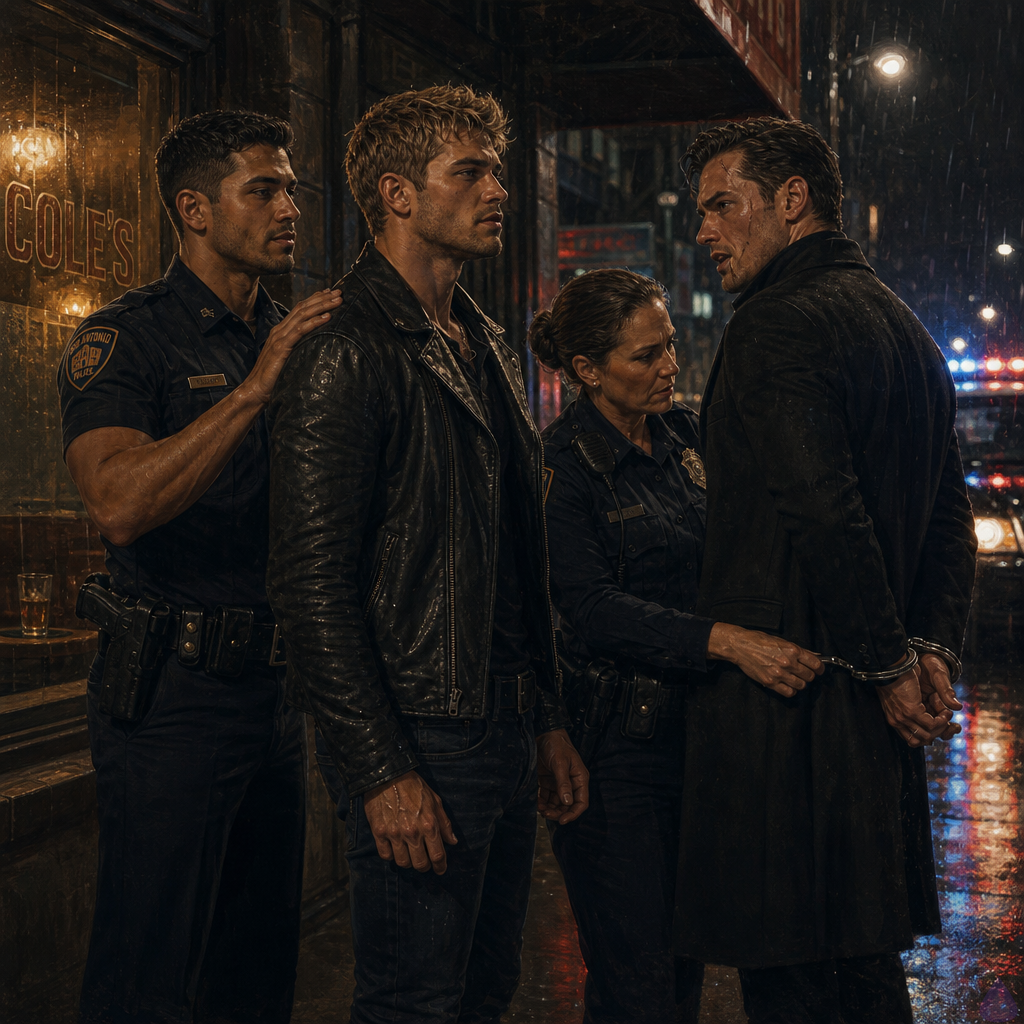 A rain-soaked city sidewalk outside a warm amber-lit bar at night, neon reflections glowing in puddles. Dwayne Cole, a lean muscular man in his late twenties with olive skin, messy dirty blond faux hawk hair, emerald green eyes, tight jeans, black shirt, and a dark leather jacket, stands shaken but defiant under a streetlight. Officer Mateo Reyes, warm sienna brown skin, short black hair, dark brown eyes, athletic build, brown leather jacket over a forest-green henley, stands close behind him with one protective hand lightly between Dwayne’s shoulder blades. Sergeant Mara Whitlock, compact strong woman in her forties with olive tan skin, hazel green eyes, dark hair in a silver-streaked bun, dark blazer and badge, cuffs an older drunk man, Edward Cole, in a rain-dark coat with gray stubble. The mood is tense and emotional, with police lights blue and red reflecting on wet pavement, Dwayne visibly reclaiming power while Mateo supports him carefully. PG-13, no graphic violence.