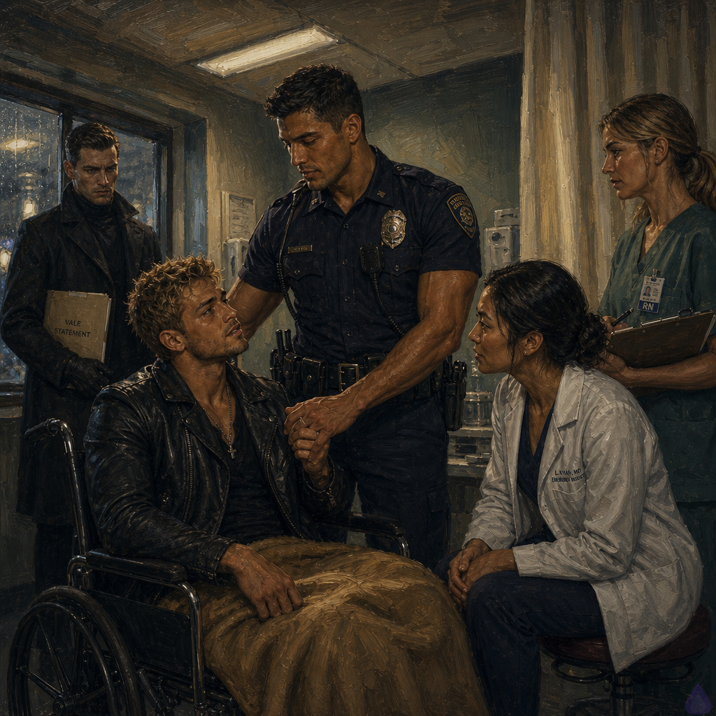 PG-13 hospital emergency exam room at night, fluorescent lighting and rain-streaked glass beyond the doorway. Dwayne Cole, adult masculine with olive skin, lean muscular build, messy dirty blond faux hawk, emerald green eyes, wearing a borrowed dark police windbreaker over damp clothes and a blanket over his lap, sits in a wheelchair looking shaken but trying to smirk. Officer Mateo Reyes, masculine mid twenties with warm sienna brown skin, short black hair with close-cropped sides, dark brown eyes, athletic broad-shouldered build, navy police uniform and duty belt, stands nearby with calm protective posture, one hand relaxed and visible. Sergeant Mara Whitlock, feminine early forties with olive tan skin, dark brown hair in a low bun with silver streaks, police blazer and badge at belt, stands at the curtain holding a folder. A doctor and nurse are present with clipboard and medical supplies, their body language careful and respectful. Mood is tense, tender, survivor-focused, with cinematic rain reflections and sterile hospital light.