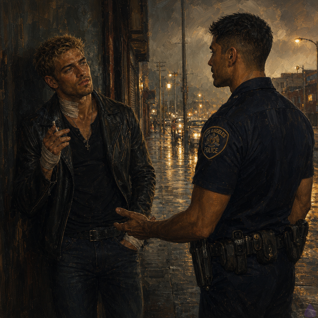 PG-13 realistic dramatic romance scene on a rain-damp city sidewalk near the edge of a rough district where the streetlights fade into shadow. Dwayne Cole, an eighteen-year-old masculine survivor with messy dirty blond faux hawk hair, emerald green eyes, olive skin, lean muscular build, visible bandages at his neck and hands, wearing ill-fitting borrowed clothes, stands with a trembling cigarette between his fingers. He looks exhausted, guarded, and torn between running and accepting help. Officer Mateo Reyes stands a few feet in front of him, off duty in a forest-green henley, dark jeans, and brown leather jacket, warm sienna brown skin, short black hair with close-cropped sides, dark brown eyes, athletic broad-shouldered build, neatly trimmed stubble, small left cheek dimple faintly visible, one hand open and lowered in a nonthreatening gesture. The mood is tense, tender, and cinematic, with wet pavement reflecting amber streetlights and gray afternoon sky, traffic blurred in the background, the dangerous darker street behind Dwayne and the safer lit street behind Mateo. Show emotional distance and longing, no explicit content, no graphic injuries.