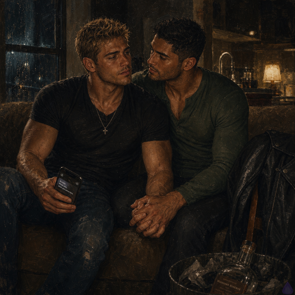 PG-13 realistic contemporary romance drama scene inside a small dim apartment at night during rain. Dwayne Cole, a lean muscular olive-skinned man in his late twenties with messy dirty blond faux hawk hair and emerald green eyes, sits on a worn couch under a blanket, visibly shaken but trying to hold himself together. Officer Mateo Reyes, a warm sienna brown-skinned athletic man in his mid twenties with short black close-cropped hair, dark brown eyes, neatly trimmed stubble, and a forest-green henley, sits beside him. They are holding hands on the couch, fingers interlaced, with a phone glowing on the coffee table showing message notifications. The kitchen sink in the background hints at an emptied bottle, the room lit by a warm lamp and blue-gray rain light from the balcony doors. Mood is intimate, tense, protective, emotionally raw, no explicit content.