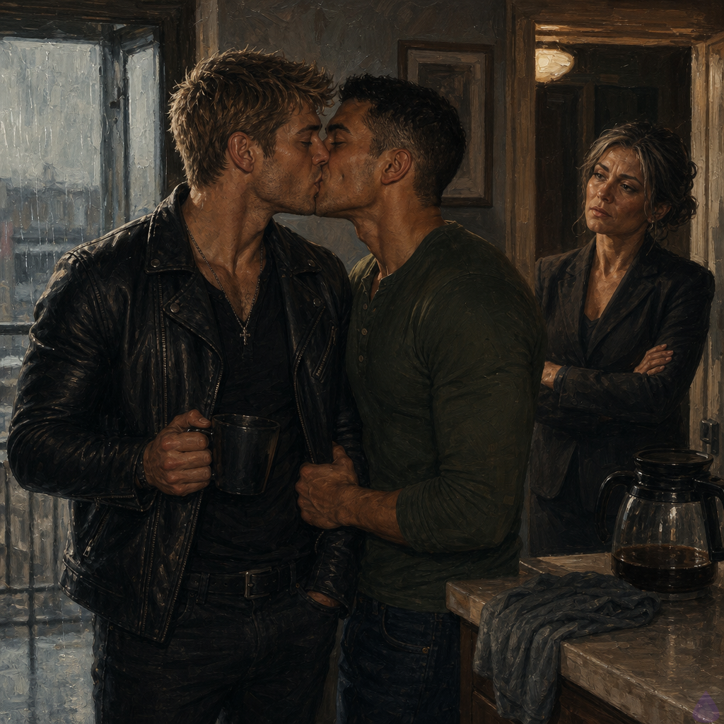 PG-13 romantic morning scene in a small modest apartment kitchen after a rainy night. Dwayne Cole, a lean muscular masculine adult with olive skin, messy dirty blond faux hawk hair, emerald green eyes, wearing a rumpled T-shirt and jeans, stands near the counter holding coffee. Officer Mateo Reyes, masculine mid-twenties with warm sienna brown skin, dark brown eyes, short black hair close-cropped at the sides with textured top, athletic build, light stubble and a small dimple in his left cheek, wearing a forest-green henley and dark jeans, gently kisses Dwayne in soft gray morning light. The kiss is direct, lips together, tender and sober, with emotional relief rather than passion overwhelming the scene. Sergeant Mara Whitlock stands in the open hallway doorway in a dark blazer, compact strong build, olive tan skin, hazel green eyes, dark brown hair in a low bun with silver streaks, looking exasperated but protective. The apartment has a cluttered but safe feeling: coffee pot on counter, rain-streaked balcony glass, a relapse plan paper taped to the fridge under a peach magnet, an empty tied trash bag near the door. Mood: healing, restrained romance, hard-won safety, morning after crisis. Cinematic realistic lighting, intimate composition, no explicit nudity, no graphic content.