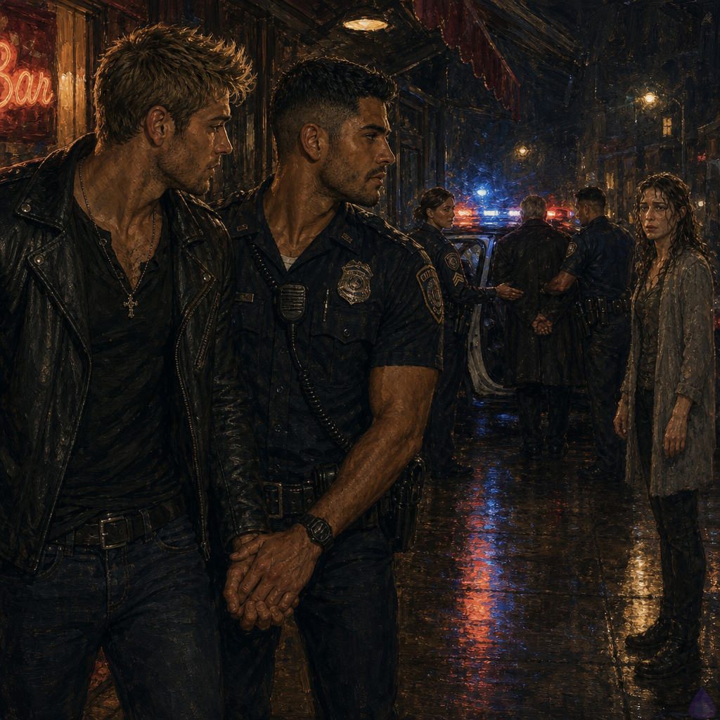 PG-13 cinematic rainy city street outside a warm-lit bar at night. Dwayne Cole, a lean muscular man in his late twenties with olive skin, messy dirty blond faux hawk hair, emerald green eyes, tight jeans, black shirt, and a leather jacket, stands shaken under neon light while gripping Officer Mateo Reyes's hand. Mateo is a mid-twenties masculine man with warm sienna brown skin, short black hair with close-cropped sides, dark brown eyes, athletic build, neatly trimmed stubble, and a brown leather jacket over a forest-green henley, standing close and protective but not restraining. Sergeant Mara Whitlock, compact strong woman in her forties with olive tan skin, hazel green eyes, dark brown hair with silver streaks in a practical bun, dark blazer and badge, directs officers near two patrol cars. Edward Cole, older drunk man in a rain-dark coat with gray stubble, is being placed into a police cruiser. Annie Cole, older tired woman in a damp gray cardigan, stands near another officer, looking grief-stricken and severe. Rain-slick pavement reflects red and blue police lights, amber bar windows, and neon signage. Mood: emotional confrontation, family betrayal, restraint, recovery, and fragile support.