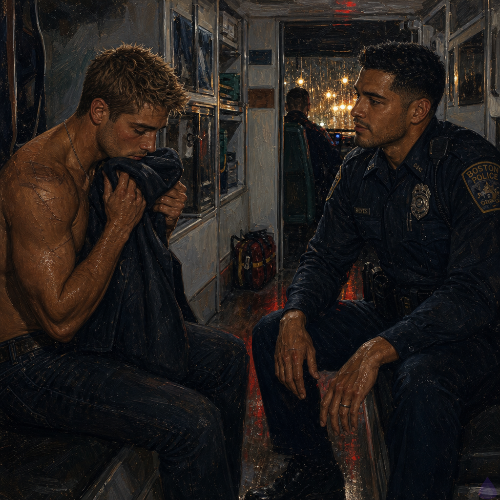 PG-13 cinematic scene inside a moving ambulance at night in heavy rain. Dwayne Cole, a lean muscular young man with olive skin, messy dirty blond faux hawk hair, emerald green eyes, wearing a dark police windbreaker over a blanket, sits tense on the ambulance bench with his hands gripping the jacket. Across from him sits Officer Mateo Reyes, warm sienna brown skin, close-cropped black hair with textured top, dark brown eyes, athletic build, navy police uniform and badge, broad shoulders, strong forearms, small dimple faintly visible, calm protective posture with open hands on his thighs. White ambulance lights, red reflections from emergency lights, rain-streaked rear window with blurred city streetlights outside. Mood intimate, tense, protective, survivor comfort, no graphic injuries, no nudity.