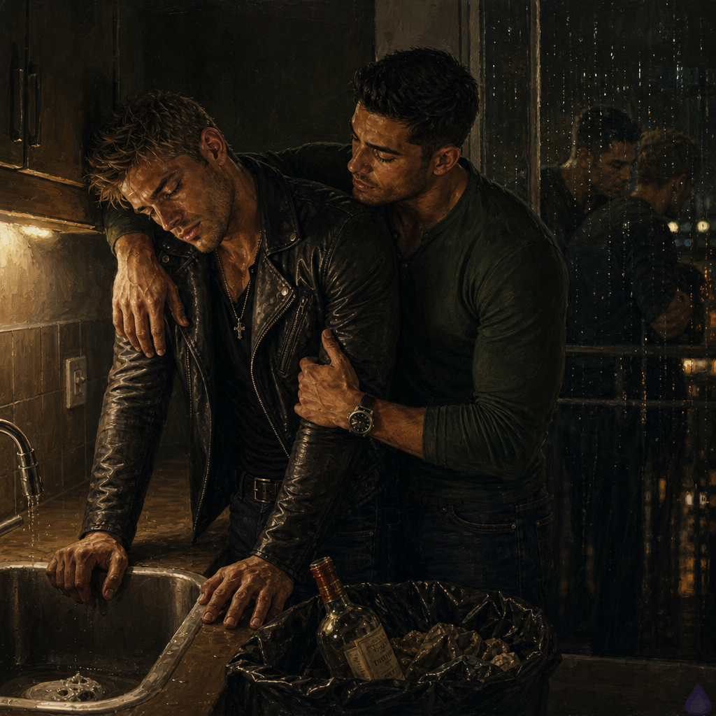 PG-13 cinematic scene in a small dim apartment kitchen at night, rain streaking the balcony glass, warm under-cabinet light reflecting in a dark window. Dwayne Cole, masculine adult with messy dirty blond faux hawk hair, emerald green eyes, olive skin, lean muscular build, wearing a black T-shirt and leather jacket, stands at the sink with one hand gripping the counter after pouring bourbon down the drain. An empty bottle lies in an open trash bag. Officer Mateo Reyes, masculine mid-twenties with warm sienna brown skin, short black hair with close-cropped sides, dark brown eyes, athletic broad-shouldered build, neatly trimmed stubble, wearing a brown leather jacket over a forest-green henley, stands close beside him with one careful arm around Dwayne’s shoulders. Dwayne leans into him, exhausted and vulnerable. The mood is intimate, tense, healing, and emotionally raw, with soft rain, city glow, and quiet recovery atmosphere.