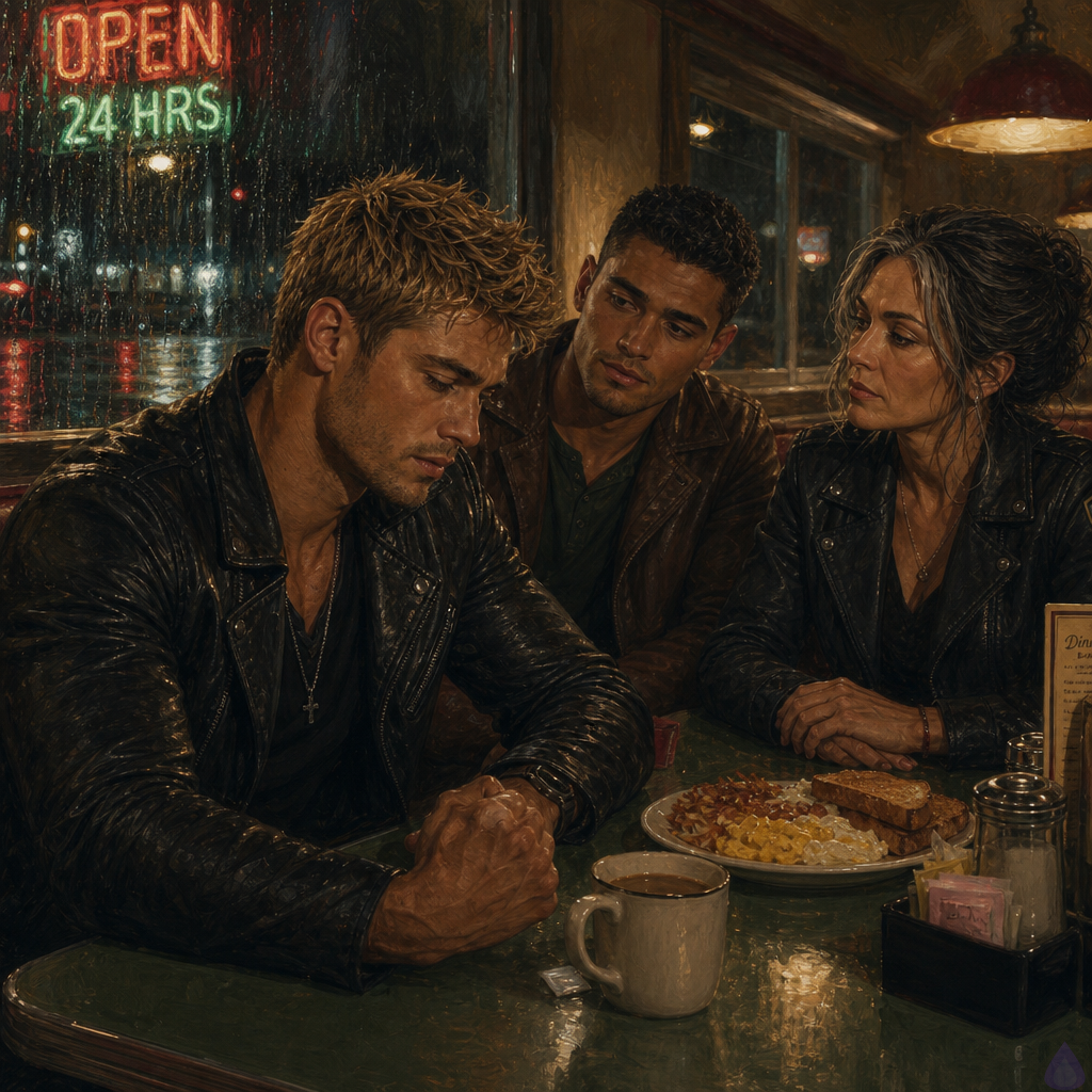 PG-13 cinematic scene inside an all-night diner during rain, late night. A lean muscular man with messy dirty blond faux hawk hair, olive skin, emerald green eyes, and a black leather jacket sits in a booth, emotionally overwhelmed, one hand near a plate of eggs and hash browns, the other tense near a coffee mug. Across from him sits a warm sienna-skinned man in his mid twenties with short black hair, dark brown eyes, neatly trimmed stubble, broad shoulders, a forest-green henley and brown leather jacket, watching him with restrained love and concern. Beside the blond man sits a strong middle-aged woman with olive tan skin, hazel green eyes, dark brown hair in a low bun with silver streaks, dark blazer, composed and protective. Rain streaks the window beside them, neon diner lights reflect in puddles outside, plates of pancakes, bacon, eggs, toast and coffee on the table. Mood is intimate, tense, tender, grounded realism, warm diner lighting against cold rainy night, body language showing vulnerability and support without touching.