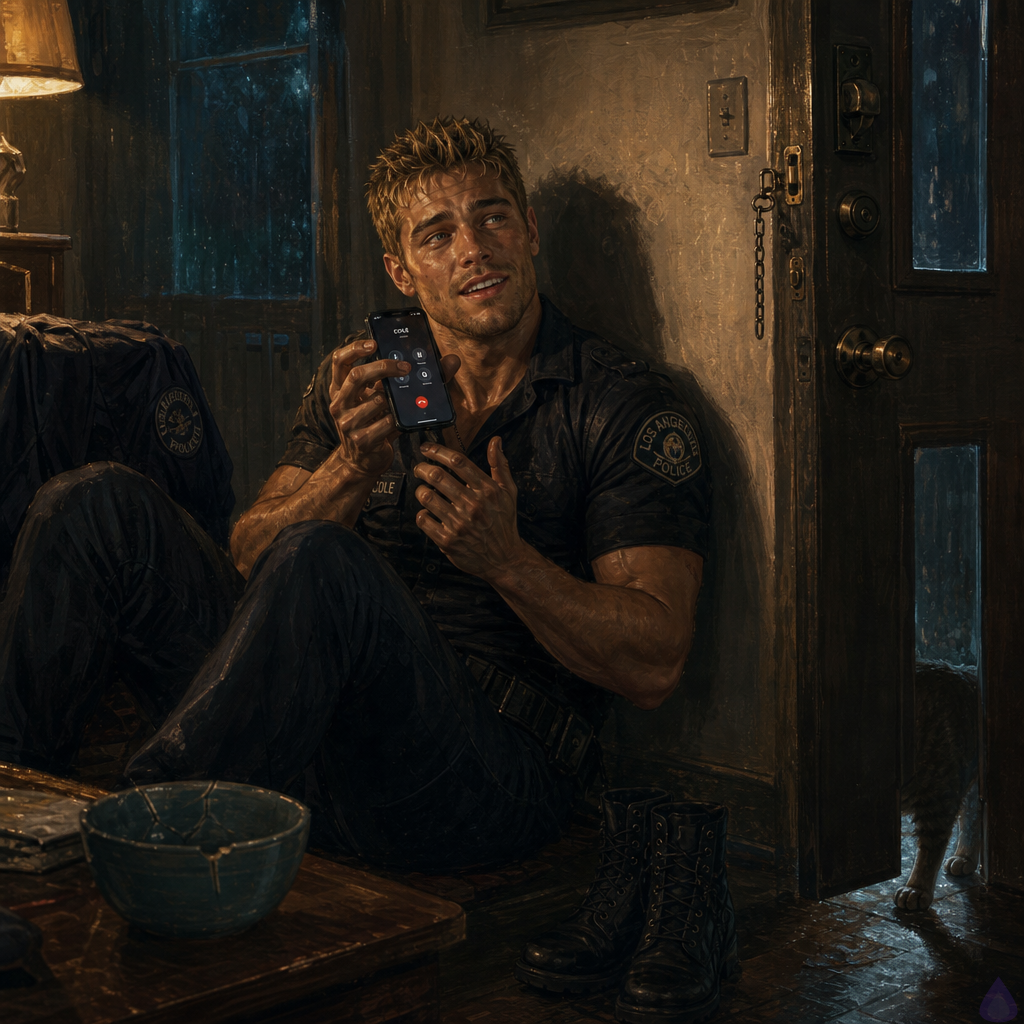 PG-13 cinematic night scene inside a small safe apartment. Dwayne Cole, masculine adult with olive skin, lean muscular build, messy dirty blond faux hawk and emerald green eyes, sits on the living room floor with his back against the wall, wearing wrinkled borrowed clothes with bandages partly visible at the collar and forearms. His black security uniform hangs over a nearby chair, polished boots by the locked front door, a cracked blue ceramic bowl on the coffee table. He grips a phone on speaker with shaking hands, face pale and frightened beneath a forced, fragile smile. Dim amber lamp light and blue moonlight through rain-streaked windows create a tense, intimate mood. Outside the apartment door, a small stray cat’s shadow is visible at floor level, hinting at the source of the noise. The atmosphere is vulnerable, suspenseful, and tender, with the feeling that Mateo is just outside the frame on his way to help.