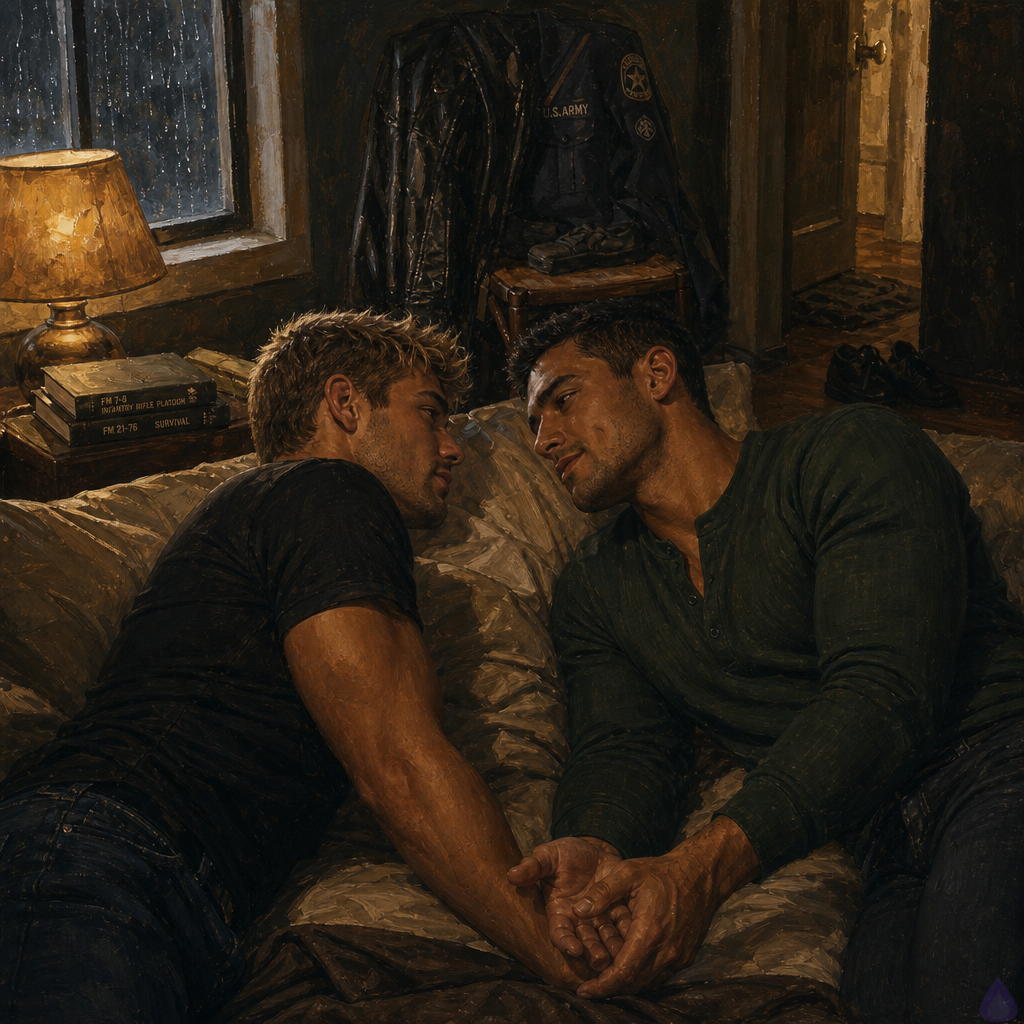 PG-13 intimate emotional bedroom scene at night. A lean muscular olive-skinned man in his late twenties with messy dirty-blond faux hawk hair and emerald green eyes lies fully clothed in bed under a blanket, wearing a dark T-shirt, looking exhausted and vulnerable. Beside him lies a warm sienna brown-skinned athletic man in his mid twenties with short black hair, dark brown eyes, neatly trimmed stubble, and a small dimple, wearing a forest-green henley. They are lying facing each other in a softly lit bedroom, holding hands on the mattress between them. The mood is tender, restrained, healing, and romantic, with rain streaking the dark window, a warm bedside lamp, boots and a folded black security uniform on a chair, and a sense of safety after trauma. No nudity, no explicit sexuality, just clothed closeness and emotional intimacy.