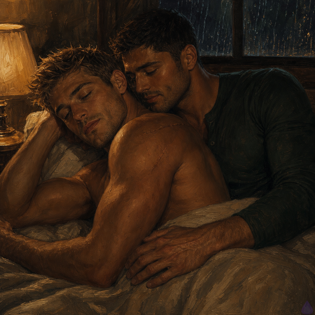 PG-13 intimate bedroom scene at night: Dwayne Cole, a lean muscular adult man with olive skin, messy dirty blond faux hawk hair and emerald green eyes, lies on his side in bed under a blanket, wearing a T-shirt and jeans, visibly emotional but calmer. Officer Mateo Reyes, a mid-twenties masculine man with warm sienna brown skin, dark brown eyes, short black hair with close-cropped sides, neatly trimmed stubble, and a small dimple in his left cheek, lies behind him fully clothed in a forest-green henley and dark jeans. Mateo holds Dwayne gently over the blanket with one arm at his waist, careful and protective rather than possessive. The bedside lamp casts warm amber light, rain streaks the dark window, the mood is tender, restrained, romantic, and healing after an intense moment. Show closeness, vulnerability, and desire held within a respectful boundary. No nudity, no explicit sexual act.