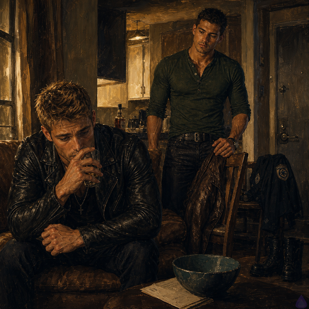 PG-13 cinematic scene inside a small safe apartment at night. Dwayne Cole, a lean muscular adult man with olive skin, messy dirty blond faux hawk hair, emerald green eyes, borrowed rumpled clothes and visible bandages, sits hunched on a worn couch holding a glass of water with shaking hands. Officer Mateo Reyes, a masculine mid-twenties man with warm sienna brown skin, short black close-cropped hair with textured top, dark brown eyes, neatly trimmed stubble, athletic broad-shouldered build, wearing a forest-green henley, dark jeans, and a brown leather jacket draped over a chair, stands nearby with open hands and a calm protective posture. A half-empty whiskey bottle sits on a small kitchen counter, a black security uniform hangs over a chair, boots near the locked door, and a blue cracked bowl with an envelope under it rests on the coffee table. Dim kitchen light, rainy window reflections, tense intimate emotional atmosphere, vulnerability and restraint, no kissing, no explicit content.