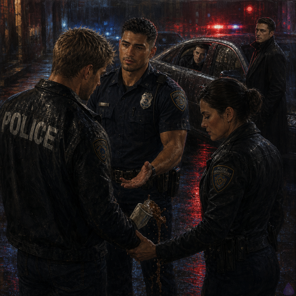 Rainy urban alley at night under red and blue police lights, PG-13 dramatic crime rescue scene. Dwayne Cole, a lean muscular adult man with olive skin, messy dirty blond faux hawk hair, emerald green eyes, old scars partly hidden, wears an oversized dark police windbreaker over a blanket and stands shaken near an ambulance. Officer Mateo Reyes, a mid-twenties man with warm sienna brown skin, dark brown eyes, close-cropped black hair, broad shoulders, navy police uniform and duty belt, stands directly in front of Dwayne with open palms, calm protective posture, guiding him to breathe. Sergeant Mara Whitlock, compact strong woman in her early forties with olive tan skin, hazel green eyes, silver-streaked dark hair in a practical bun, police blazer and badge, holds a crushed coffee cup nearby. In the background, Adrian Vale in a tailored charcoal overcoat stands near an unmarked car, pale and guilty, while a police cruiser with Julian Vale inside is blurred by rain. Mood tense but tender, cinematic lighting, wet pavement reflections, emotional focus on fragile trust and aftermath, no graphic injuries.