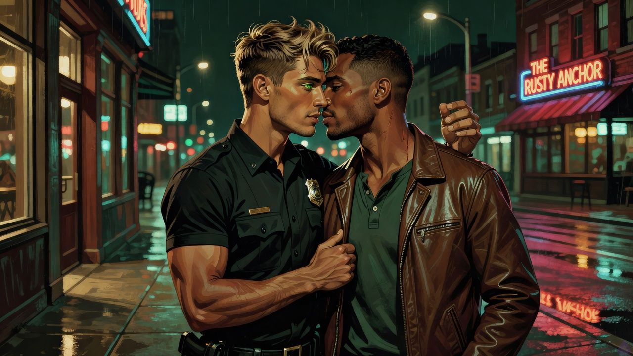 PG-13 cinematic scene outside a small rainy city bar at night, under a flickering neon sign and wet streetlights. Dwayne Cole, masculine adult with olive skin, lean muscular build, messy dirty blond faux hawk, emerald green eyes, wearing a black security guard uniform with a clipped badge, has just pulled away from a kiss and is stepping backward with a wounded, defensive smile. Officer Mateo Reyes, masculine mid-twenties with warm sienna brown skin, short black hair with close-cropped sides, dark brown eyes, athletic broad-shouldered build, neatly trimmed stubble, wearing a forest-green henley, dark jeans, and brown leather jacket, stands a few feet away looking pained and conflicted, one hand half-raised as if he wants to explain but will not grab him. The pavement is slick with rain, traffic lights blur in the background, mood full of romantic tension, heartbreak, restraint, and misunderstanding. No explicit nudity, no graphic violence.