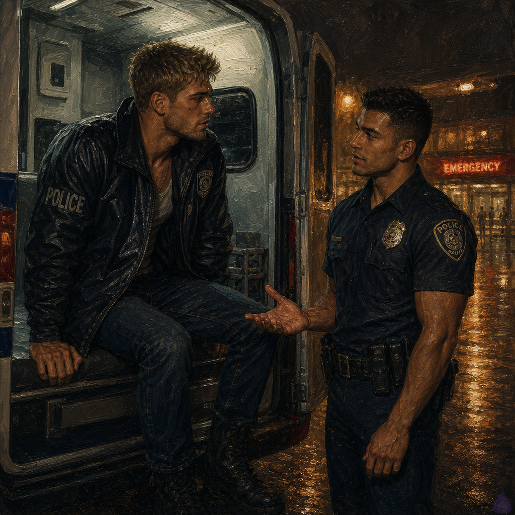 PG-13 cinematic scene inside the open rear of an ambulance at night outside a hospital emergency entrance. Dwayne Cole, a lean muscular adult man with olive skin, messy dirty blond faux hawk hair, emerald green eyes, and a borrowed dark police windbreaker over a blanket, sits shaken on the ambulance bench under harsh white medical lights. Officer Mateo Reyes, a mid-twenties masculine police officer with warm sienna brown skin, dark brown eyes, short black close-cropped hair with a textured top, broad athletic shoulders, navy police uniform, badge and duty belt, stands just outside the open ambulance doors in the rain-lit hospital bay, one hand offered carefully but not touching yet. Mood is tender, tense, protective, and vulnerable. Wet pavement reflects fluorescent hospital lights and muted red-blue emergency glow. Body language emphasizes consent and fragile trust, with Mateo steady and patient, Dwayne wary but drawn toward safety.