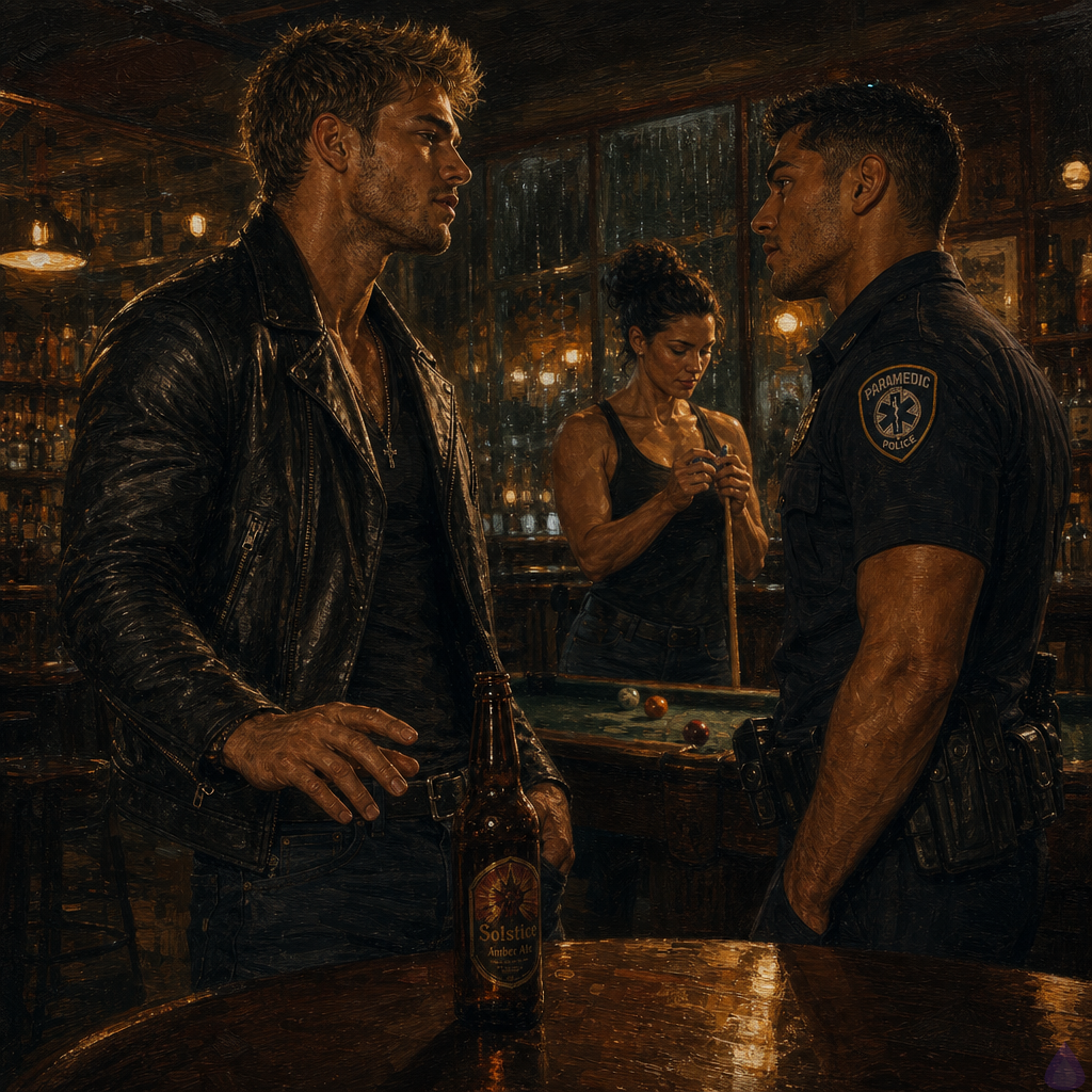 A cinematic PG-13 reunion scene inside a warm, low-lit bar with amber lights and a pool table in the foreground. Dwayne Cole, a lean muscular man in his late twenties with olive skin, messy dirty blond faux hawk hair, emerald green eyes, a black T-shirt, tight jeans, and a leather jacket, stands frozen with one hand just released from a beer bottle set down on a nearby table. Across from him stands Officer Mateo Reyes, masculine mid twenties to early thirties, warm sienna brown skin, short black close-cropped hair with textured top, dark brown eyes, athletic build, neatly trimmed stubble, wearing a dark button-down and brown leather jacket. They stare at each other with years of unresolved longing, caution, and hope between them. Sergeant Mara Whitlock, compact strong woman with olive tan skin, hazel green eyes, dark brown hair in a low bun with silver streaks, stands by the pool table holding a cue, pretending not to watch. Mood is intimate, tense, realistic romance, rain-streaked windows in the background, soft reflections on polished wood, no explicit content.