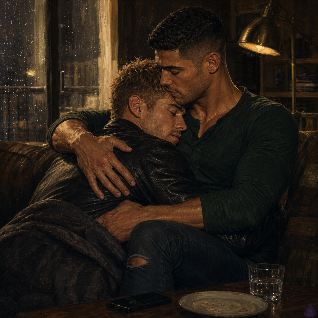 A PG-13 emotional nighttime scene in a small apartment living room during rain. Dwayne Cole, a lean muscular man in his late twenties with olive skin, messy short dirty blond faux hawk hair, emerald green eyes, and a leather jacket partly covered by a blanket, sits on a worn couch holding a phone after recording a message. Officer Mateo Reyes, a masculine mid-twenties man with warm sienna brown skin, short black hair with close-cropped sides, dark brown eyes, athletic broad-shouldered build, neatly trimmed stubble, and a forest-green henley, embraces him carefully on the couch. Dwayne’s face is pressed near Mateo’s shoulder, relieved and raw, while Mateo holds him protectively but gently. A coffee table holds an empty plate, water glass, and glowing phone screen. Rain streaks the balcony glass behind them, warm lamplight fills the room, and the mood is intimate, healing, tense, and tender. No explicit nudity, no sexual content, just a deep comforting embrace.