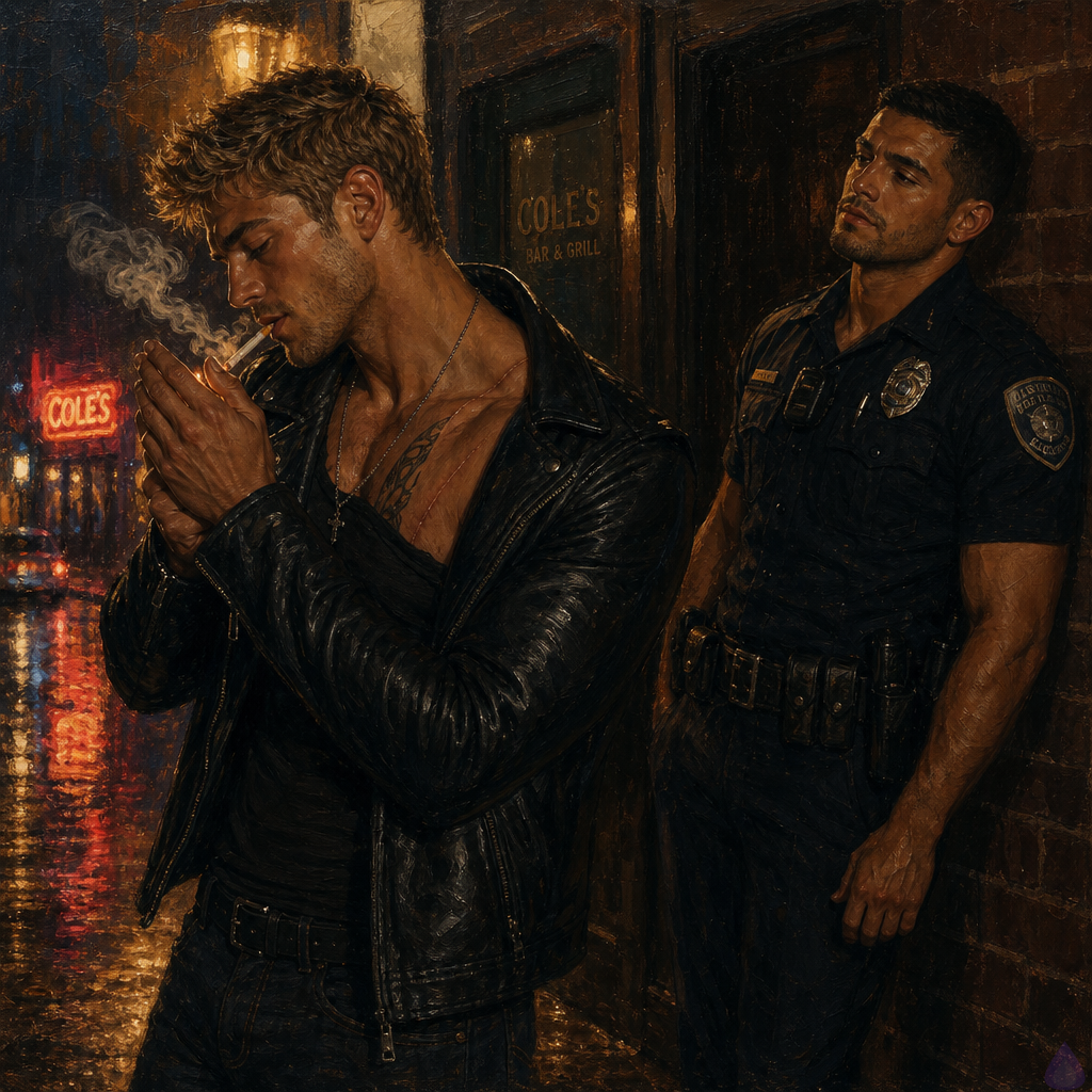 PG-13 cinematic romance scene outside a warm neighborhood bar at night after rain. Dwayne Cole, masculine late twenties with olive skin, lean muscular build, messy dirty blond faux hawk, emerald green eyes, wearing tight jeans, black shirt, and a leather jacket, stands under amber streetlight holding a lit cigarette near his side, smoke curling into damp air. Officer Mateo Reyes, masculine mid twenties to early thirties with warm sienna brown skin, athletic solid build, short black hair with close-cropped sides, dark brown eyes, neatly trimmed stubble, small dimple faintly visible, wearing a brown leather jacket over a forest-green henley and dark jeans, stands a few feet away facing him. Their body language is restrained but charged, both vulnerable and cautious, with wet pavement reflecting neon bar lights, blurred traffic headlights, brick wall, puddles, and a quiet romantic tension. No explicit content, no nudity, just emotional intimacy and longing.
