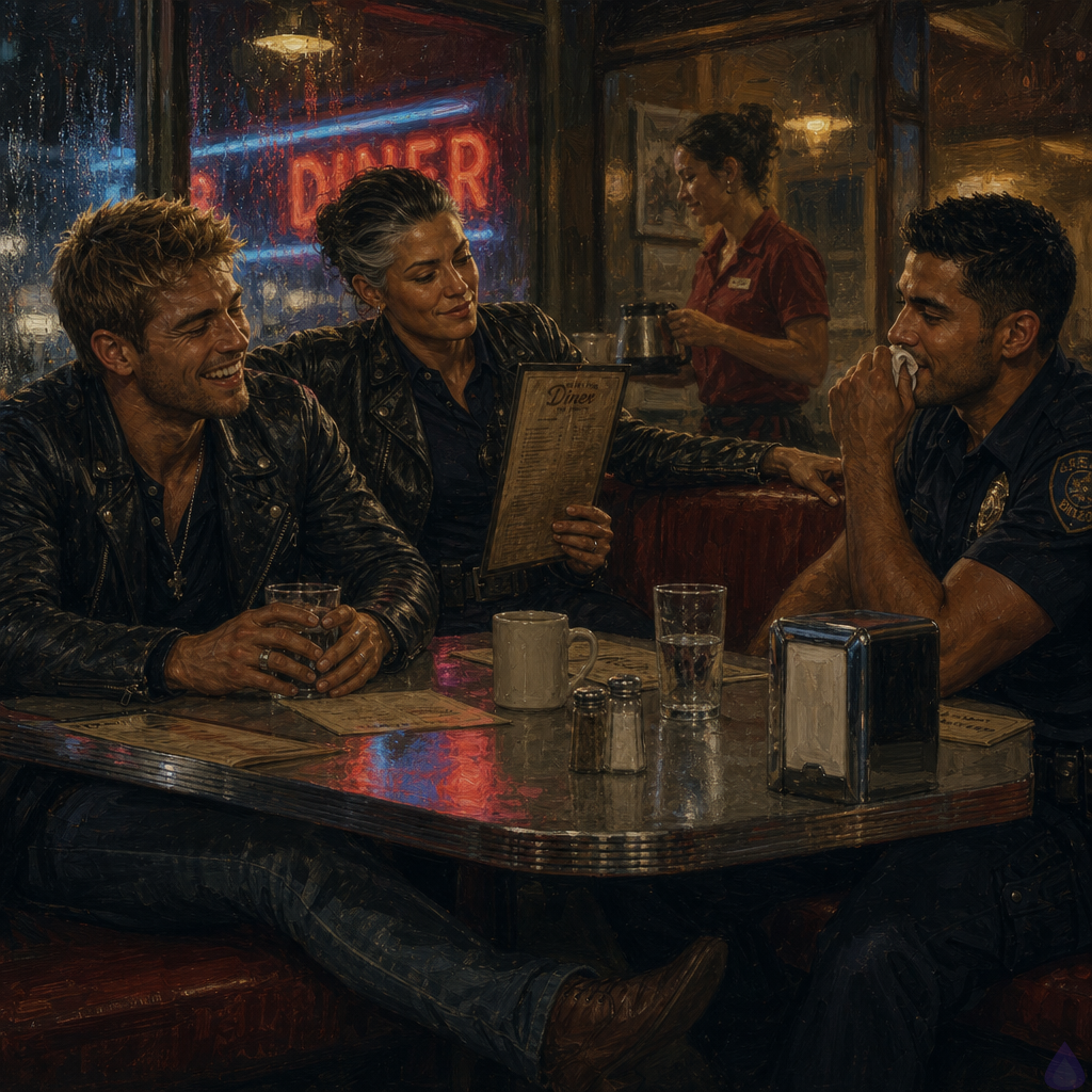PG-13 cinematic scene inside an all-night diner on a rainy night. Dwayne Cole, a lean muscular man in his late twenties with olive skin, messy dirty blond faux hawk, emerald green eyes, and a black leather jacket, sits in a booth looking exhausted but faintly laughing, hands around a water glass. Officer Mateo Reyes, a warm sienna brown skinned athletic man in his mid twenties with short black hair, dark brown eyes, neatly trimmed stubble, a small left-cheek dimple, and a brown leather jacket over a forest-green henley, sits across from him coughing into a napkin after laughing, eyes warm with affection. Sergeant Mara Whitlock, compact strong woman in her early forties with olive tan skin, hazel green eyes, dark brown hair with silver streaks in a practical bun, dark blazer, sits beside Dwayne with a stern smug expression holding a diner menu like an official document. Rain streaks the large windows, neon diner lights glow blue and red outside, coffee mugs, menus, hash browns, and a chrome napkin dispenser on the Formica table. Mood: tender, weary, humorous after trauma, safe warmth against a dark rainy city.