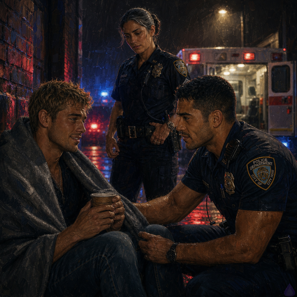 A cinematic rainy nighttime city alley scene with blue and red police lights reflecting in puddles. Dwayne Cole, a lean muscular adult man with olive skin, dirty blond messy faux hawk hair, emerald green eyes, and visible old scars partly hidden by a gray police blanket, sits on a wet curb holding a paper coffee cup with a strained joking expression. Officer Mateo Reyes, a warm sienna brown-skinned man in his mid twenties with close-cropped black hair, dark brown eyes, broad shoulders, navy police uniform, duty belt, trimmed stubble, and a small left-cheek dimple, crouches in front of him with calm, protective body language and hands visible. Sergeant Mara Whitlock stands nearby under a broken streetlight, watchful in a dark blazer with badge at her belt. In the background, Adrian Vale in a tailored charcoal overcoat stands beside an unmarked car, pale and worried. Mood is tense but tender, PG-13, rain-soaked realism, emotional rescue aftermath, soft ambulance light and police strobes.