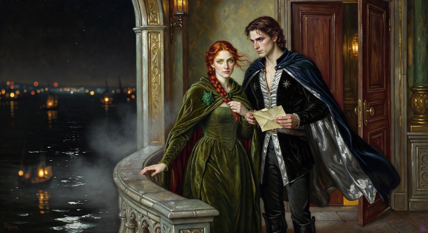 Cinematic romantic intrigue scene on a moonlit palace balcony above a dark harbor. Lady Morrigan Lancaster, auburn hair loosened from courtly pins, emerald eyes, curvy figure in a moss-green gown and cloak with a small green wolf pin, stands close to King Aerion Dayne, tall and lean with pale platinum hair and violet eyes, wearing a black and silver doublet with an unfastened collar and midnight-blue cloak. He holds a folded parchment letter in one hand and angles protectively between her and a slowly opening balcony door. Silver moonlight, salt mist, carved stone rail, distant lanterns on black water, tense body language, intimate but restrained, atmosphere of danger, forbidden trust, and courtly romance. No explicit nudity, no violence, tasteful passionate tension.