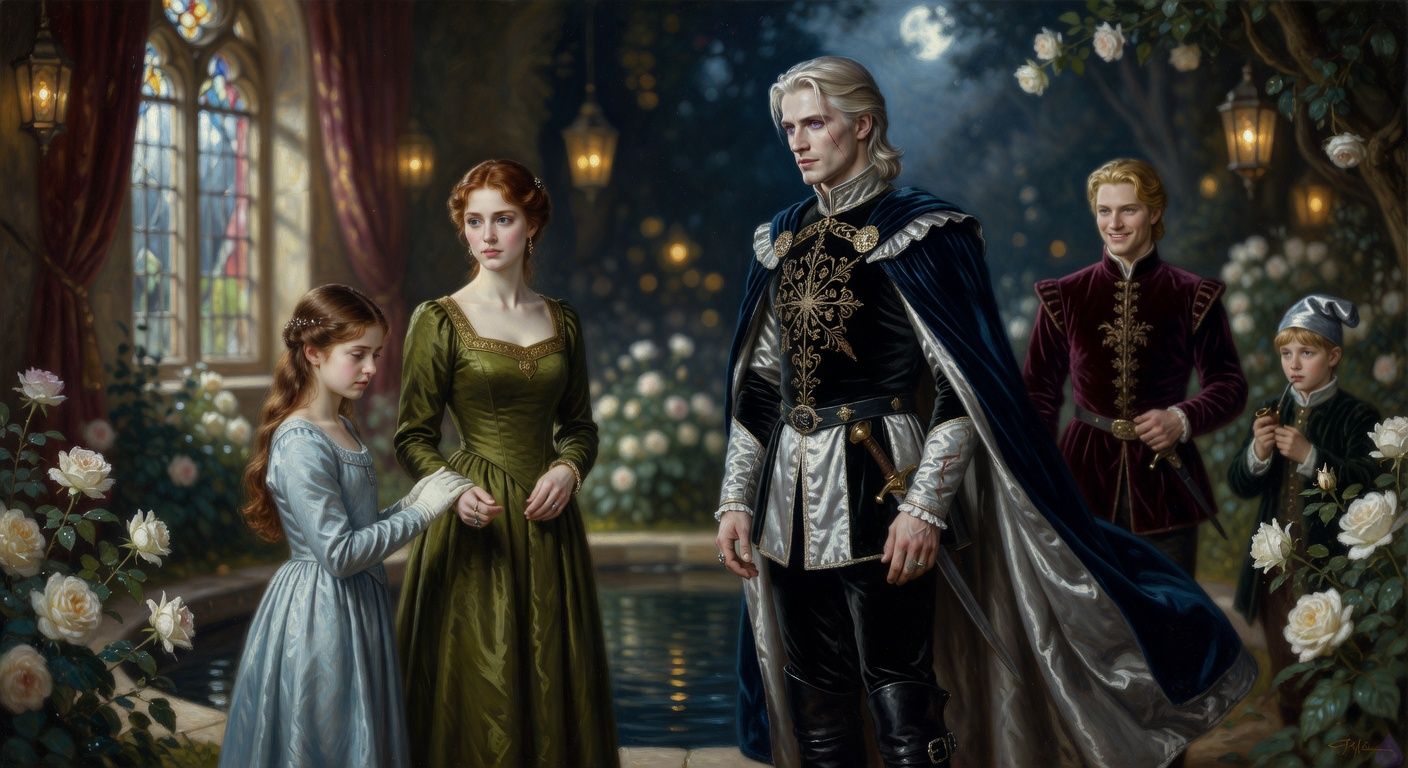 Cinematic romantic court intrigue in a moonlit palace garden. A young auburn-haired lady in a moss-green court gown stands between a petite princess in pale blue silk and a tall platinum-blond king in black and silver formal attire. The princess looks composed but wounded, her gloved hand subtly brushing the lady's hand. The king watches the auburn-haired lady from across a reflecting pool with an intense restrained gaze. A charming honey-blond nobleman in burgundy velvet waits in the background near white thorn roses, smiling like a concealed threat. A nervous young page with a crooked silver cap holds a small pipe in the shadows. Moonlight, lanterns, white roses, tension, secrecy, elegant body language, sensual gaze but no explicit content, painterly cinematic romance atmosphere.