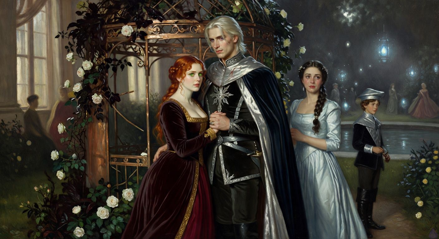 Cinematic moonlit palace garden at night, a ruined copper aviary overgrown with dark laurel and white thorn roses, blue magical lanterns glowing in the background. Lady Morrigan Lancaster with auburn hair and emerald eyes stands close to King Aerion Dayne, a tall pale platinum blond king in black and silver, their hands nearly intertwined in a tense protective gesture. Princess Danae in pale blue silk approaches from the shadowed garden path, composed but visibly hurt, pearl pins in her dark braided hair. The mood is romantic, dangerous, and conspiratorial, with distant courtiers blurred near a reflecting pool, a young page with a crooked silver cap holding a pipe in the background. Dramatic chiaroscuro lighting, salt mist, emotional tension, no explicit nudity, tasteful intimate body language.