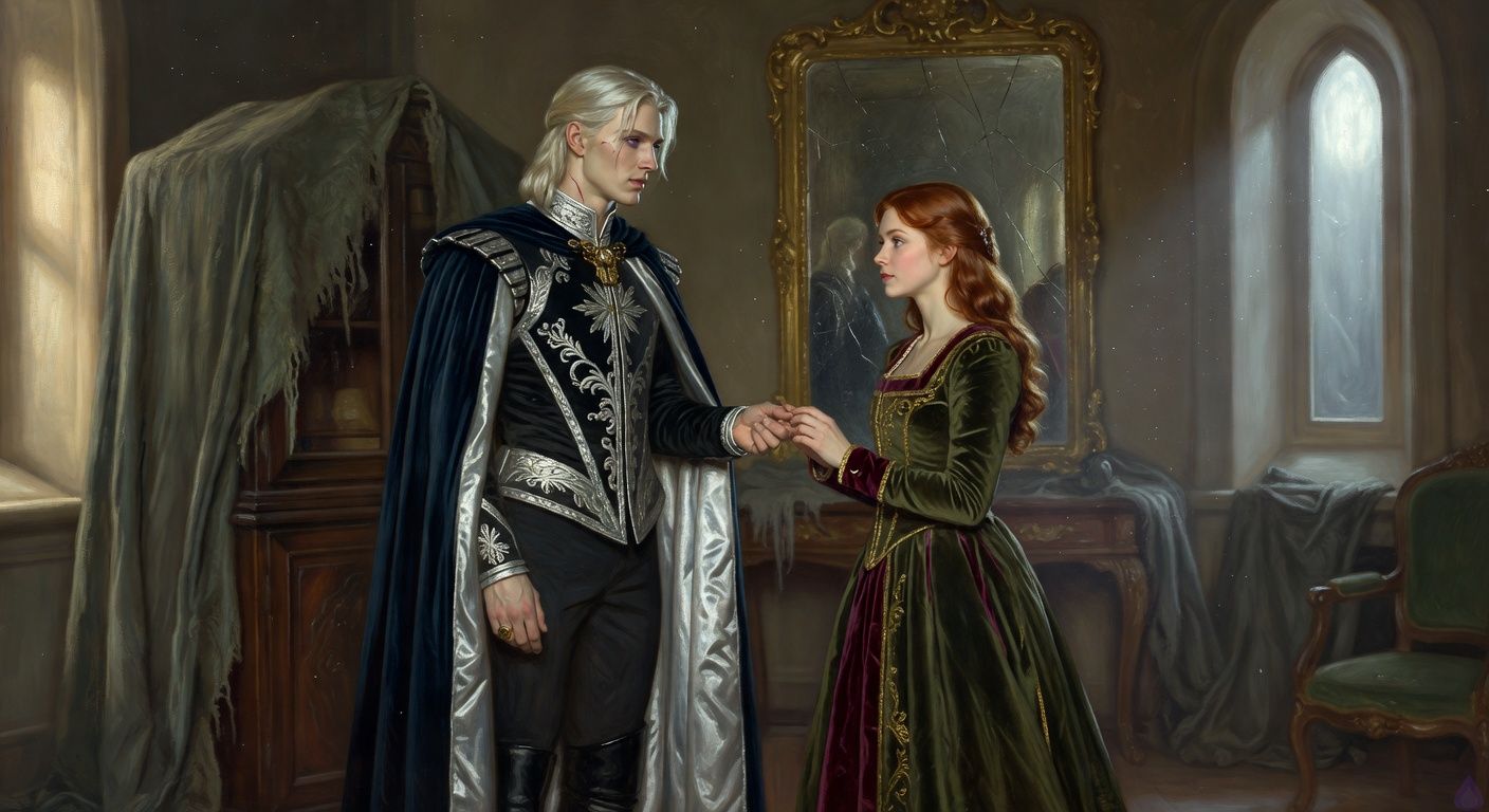 Cinematic romantic tension in a moonlit palace service antechamber, a young auburn-haired lady in a moss-green court gown and a tall platinum-blond king in black and silver royal attire hiding behind a shrouded cabinet. Dust motes float in pale silver light from a narrow window, covered furniture and a cracked antique mirror nearby. Their hands have just separated, body language close but restrained, eyes locked with concern and forbidden fascination. Mood: secretive, intimate, high-stakes court romance, elegant PG-13, no nudity, no explicit content.