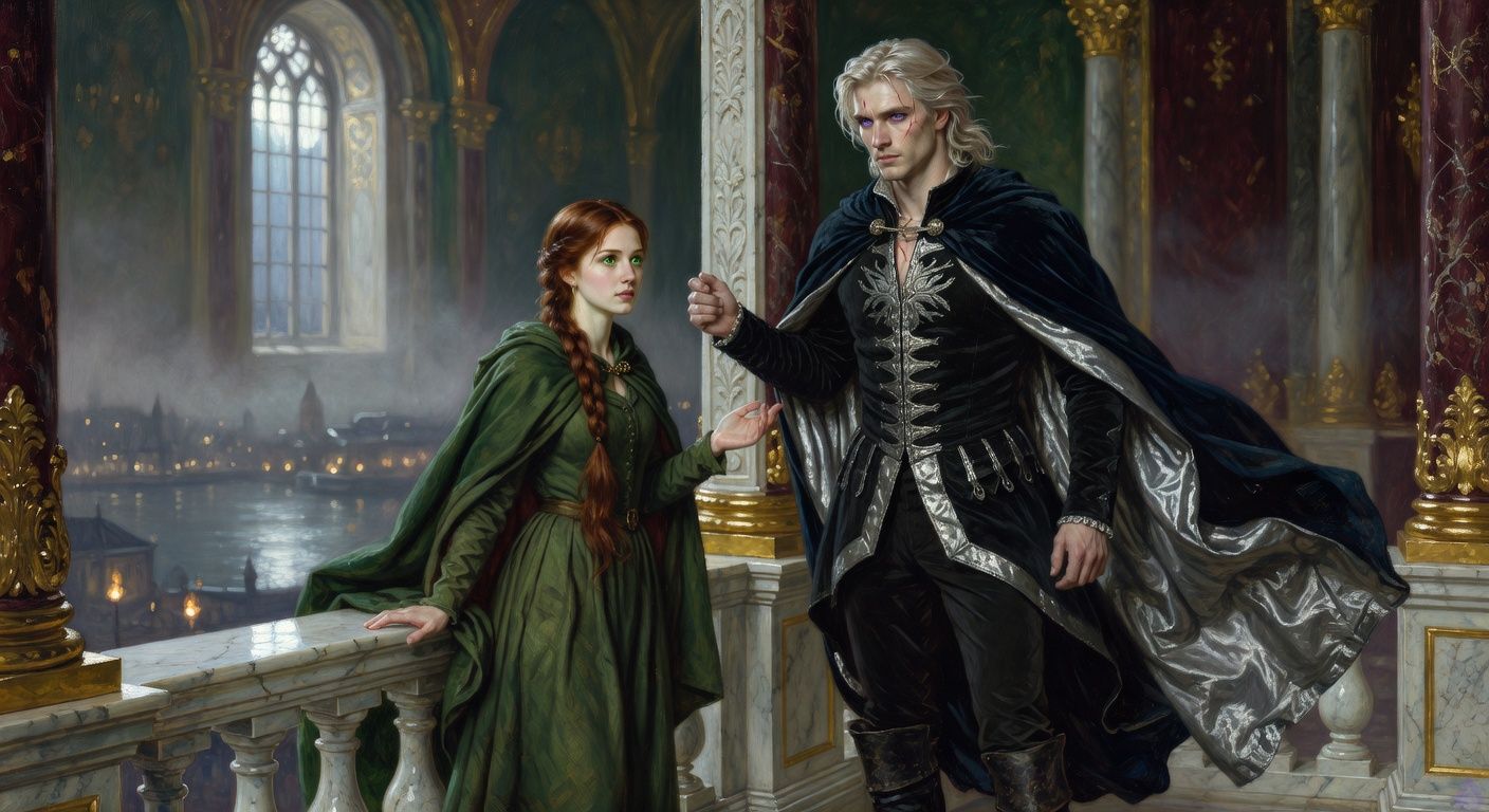 Cinematic moonlit palace balcony high above a harbor city, misty silver-blue night, white marble railings and carved pillars, a young noblewoman with long auburn hair in a loose braid, emerald eyes, plain moss-green travel gown and cloak, standing with cautious compassion near a tall young man on the outer ledge. He has pale platinum-blond tousled hair, deep violet eyes, porcelain skin, lean athletic build, and a dark formal coat stirred by the wind. The mood is tense, romantic, and emotionally intimate, with moonlight outlining their faces, his hand gripping the pillar, her hand half-raised as if offering rescue, distant torches below, dramatic but tasteful period romance atmosphere.