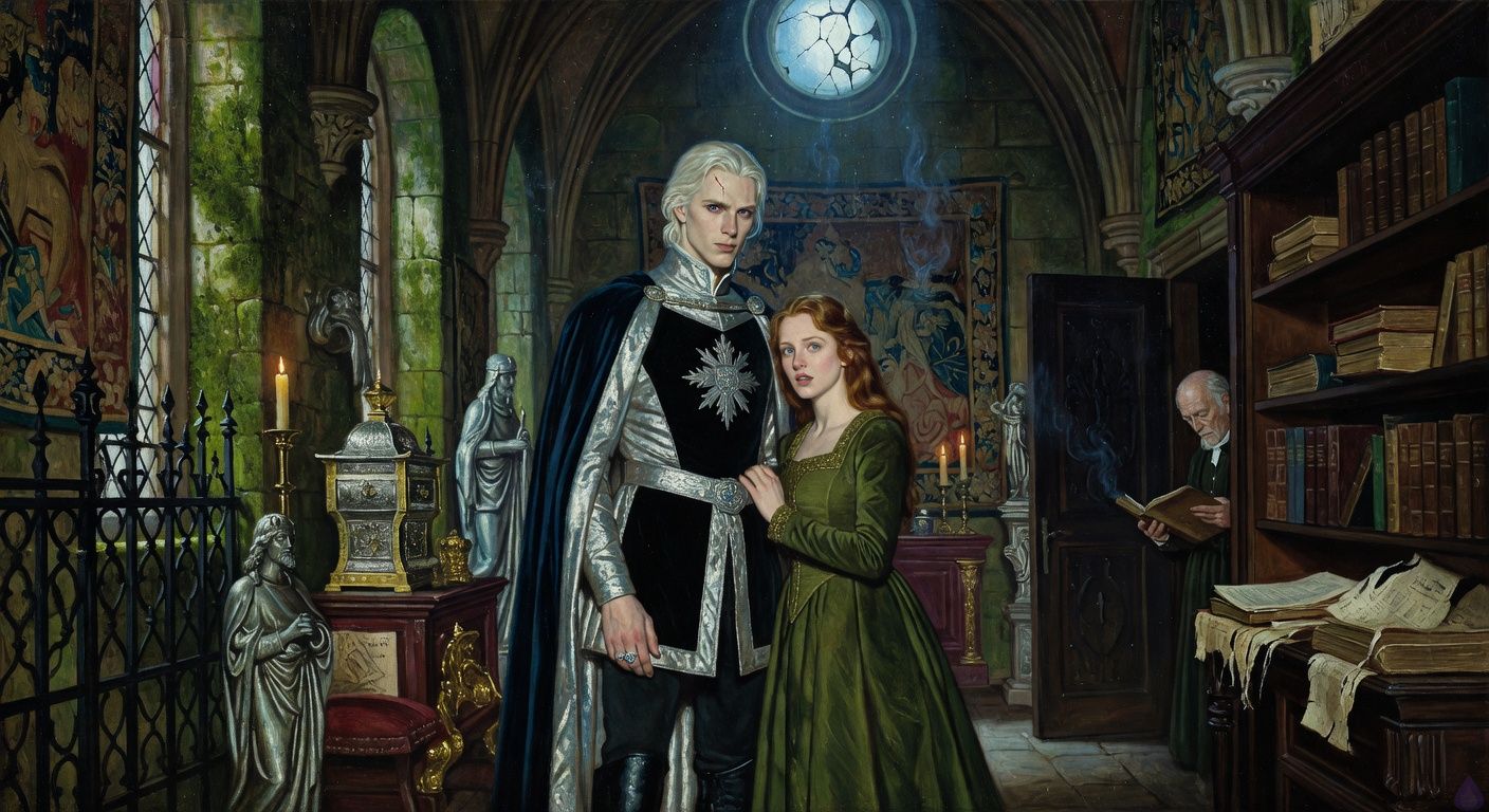 Cinematic gothic romance scene inside an ancient moonlit palace chapel beneath the eastern wing. A young auburn-haired lady in a moss-green court gown stands beside a tall pale platinum-blond king in black and silver, both tense and secretive before a tarnished silver reliquary and towering shelves of old chapel ledgers. Moonlight pours through a cracked circular oculus, illuminating dust, candle smoke, silver saints, black iron lattice, and parchment records. The king looks haunted and protective, the lady determined and anxious, their hands almost touching. In the shadowed sacristy doorway, an elderly priest is half-visible with a ledger open in his hands. Mood: high tension, forbidden romance, political danger, sacred secrecy, blue-silver lighting, dramatic shadows, tasteful and atmospheric.