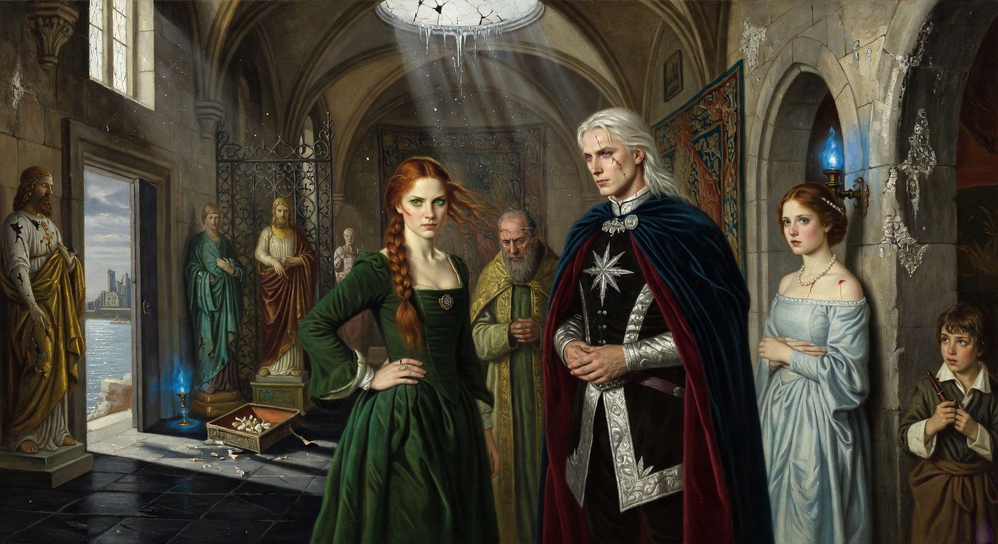 Cinematic moonlit chapel beneath an old seaside palace, cracked oculus pouring silver light onto black stone floors, tarnished saint statues and a broken reliquary behind iron lattice. Lady Morrigan Lancaster with auburn hair partly loose, emerald eyes fierce, wearing a moss-green court gown, stands between King Aerion Dayne and an old priest. Aerion is tall and lean with pale platinum hair, violet eyes, black and silver royal attire, looking torn between love, duty, and dread. Princess Danae appears in the open chapel doorway in pale blue silk and pearls, wounded but composed, with a young page behind her holding a pipe. Mood is tense, romantic, political, dramatic, with blue lamp glow, salt-stained stone, and the feeling of secrets about to explode.