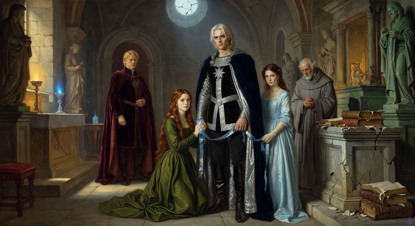 Cinematic romantic historical court scene in an old moonlit chapel, a young auburn-haired woman in a moss-green gown kneeling beside a tall pale platinum-blond king in black and silver attire, their hands intertwined and bound with an aged silver-blue witness ribbon. A petite princess in pale blue silk and pearls stands beside them holding the ribbon with dignified sorrow and strength. An old gray-robed priest presides near a cracked reliquary and ancient ledgers. In the chapel doorway, a honey-blond nobleman in burgundy velvet watches with thwarted ambition. Blue lamp flame, cold moonlight through a cracked oculus, dust in the air, tarnished saints, high emotional tension, tasteful romantic intensity, dramatic composition, painterly realism, no explicit nudity, no graphic violence.