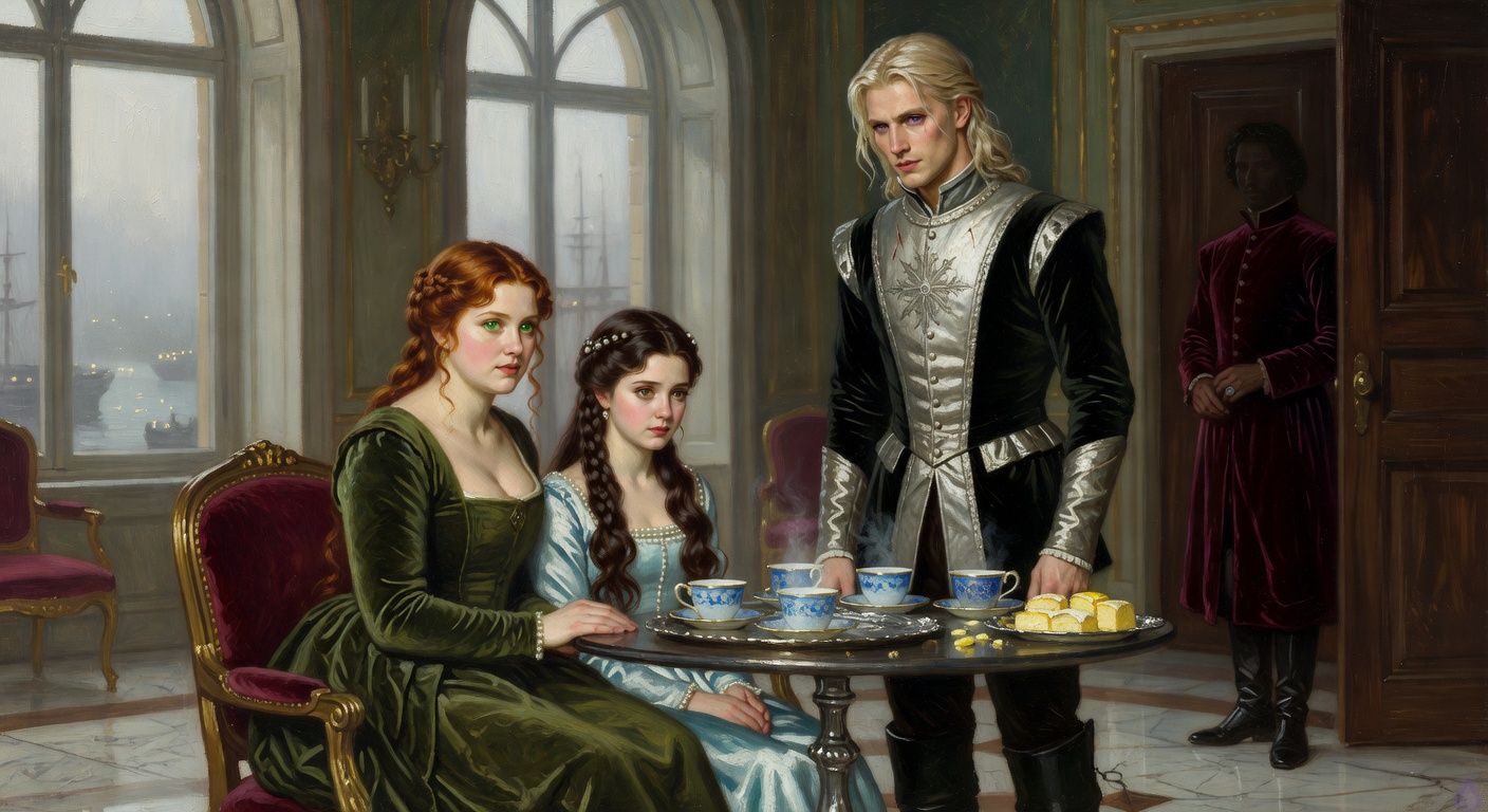 Cinematic romantic court intrigue scene in a moon-glass palace parlor overlooking a misty harbor at morning. Three young nobles sit and stand around a silver tea service: Lady Morrigan Lancaster with auburn hair partly loosened, emerald eyes, curvy figure in a moss-green court gown, seated protectively beside Princess Danae Loghain, a petite princess with long dark brown hair, hazel eyes, pale blue pearl-trimmed morning gown, wounded but dignified. King Aerion Dayne stands across from them in a black and silver doublet, tall and lean, pale platinum hair, violet eyes, tense and remorseful. Cold white window light, blue porcelain cups, lemon cakes, steam curling in the air. Beyond the closed door, suggest the shadow of Edward Dayne in burgundy velvet, only partly visible, hand near a signet ring. Mood of betrayal, strategy, restrained passion, and political danger, elegant historical romance style, tasteful and dramatic.