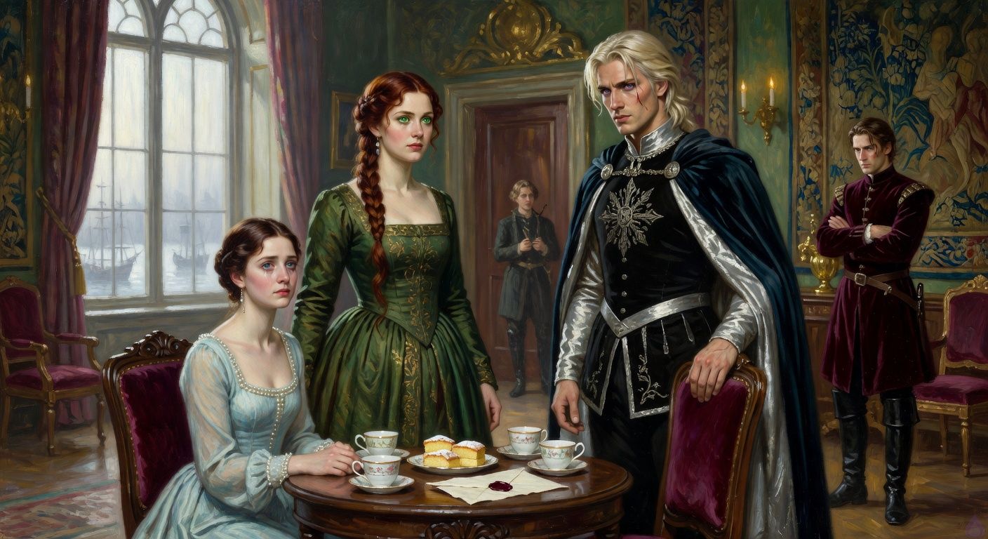 Cinematic romantic court intrigue scene in a moon-glass parlor overlooking a misty harbor, cold white morning light through tall arched windows, a round tea table with untouched lemon cakes, porcelain cups, and a folded letter with broken burgundy wax. Lady Morrigan Lancaster with auburn hair partly loosened, emerald eyes, moss-green court gown, stands between Princess Danae in pale blue pearl-trimmed morning attire and King Aerion Dayne in black and silver royal clothing with platinum hair and violet eyes. Danae sits poised but wounded, chin lifted, Aerion looks controlled and haunted, Morrigan looks clever and protective. Outside the closed door, a young page plays a pipe loudly while Edward Dayne in burgundy velvet waits in the corridor, frustrated and suspicious. Mood tense, elegant, conspiratorial, intimate but tasteful, political romance atmosphere, no explicit content.