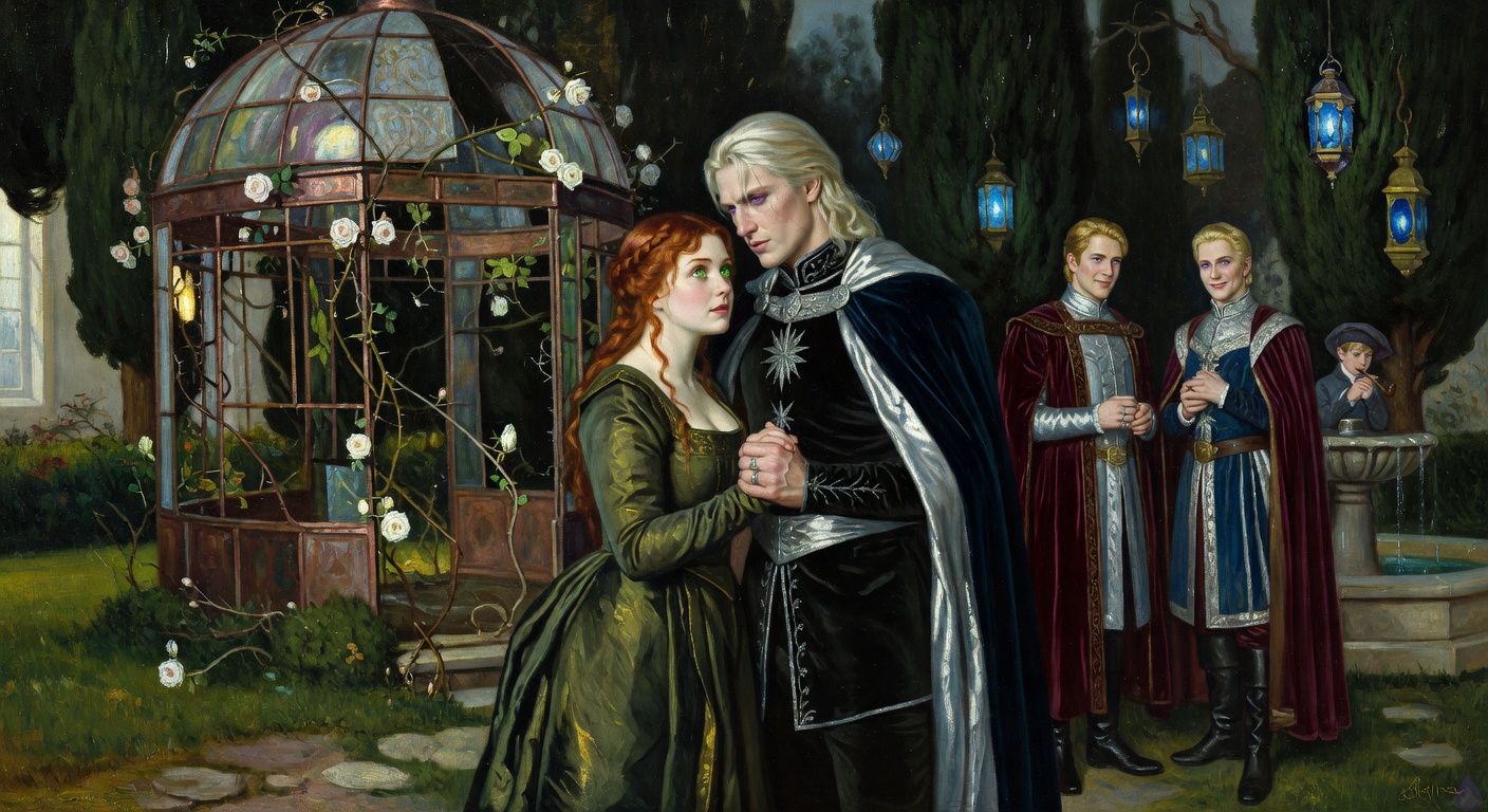 Cinematic moonlit palace garden scene, romantic political intrigue atmosphere. A ruined copper-and-moon-glass aviary covered in dead vines, blue enchanted lanterns glowing among black cypress trees, white thorn roses in bloom. Lady Morrigan Lancaster, curvy young woman with auburn hair partly loose, emerald eyes, moss-green court gown, stands very close to King Aerion Dayne, tall lean young king with pale platinum hair and violet eyes in black and silver royal attire. They appear like secret lovers hiding in shadow, hands intertwined and bodies angled close, but their expressions show tension, fear, and strategy. In the background, Edward Dayne in burgundy velvet watches with a calculating smile, while a crooked-capped young page plays a pipe near a fountain. Mood: dangerous, intimate, suspenseful, PG-13 romantic tension, no explicit nudity.